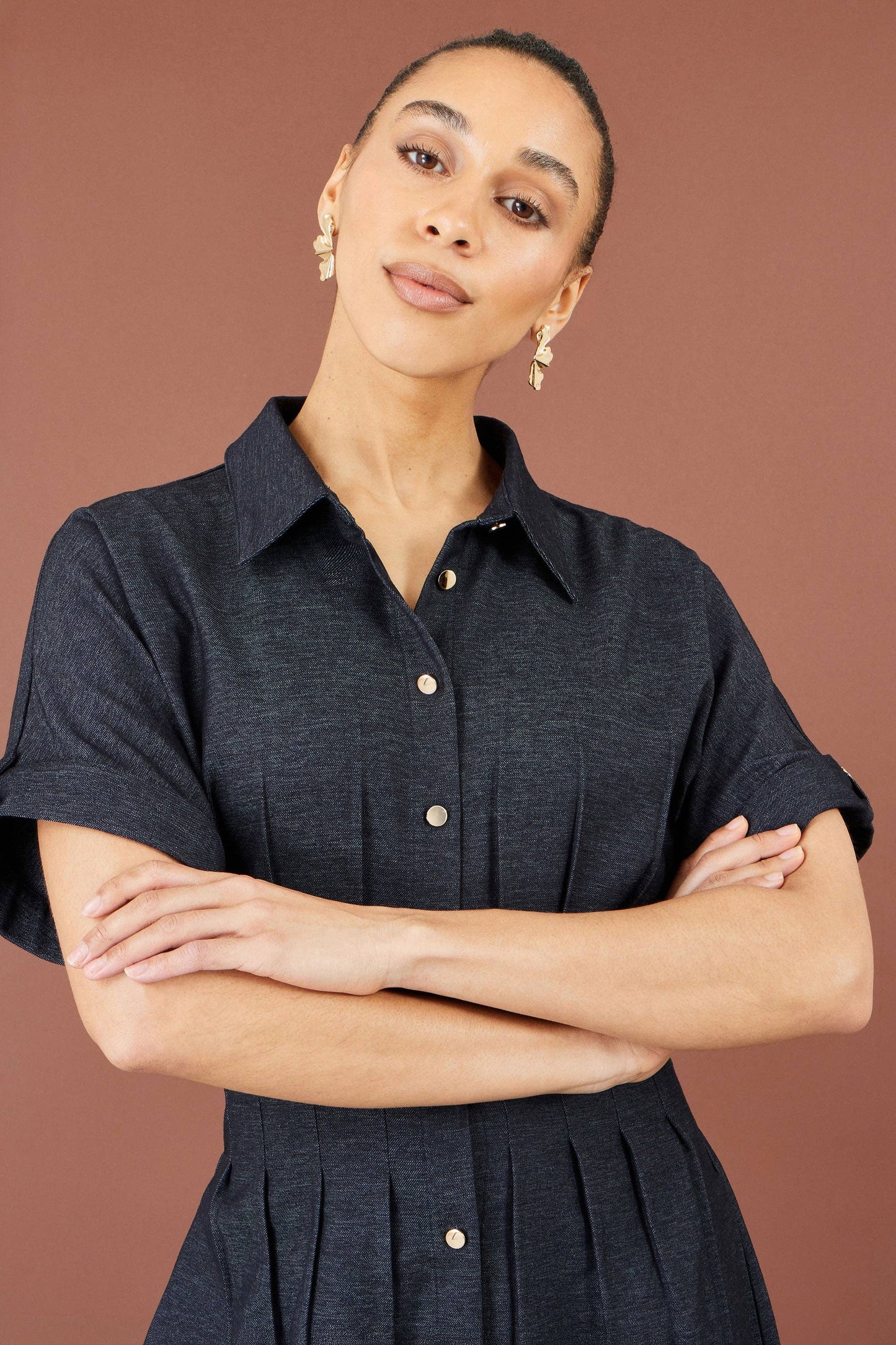 Navy Stretch Midi Shirt Dress: Blue