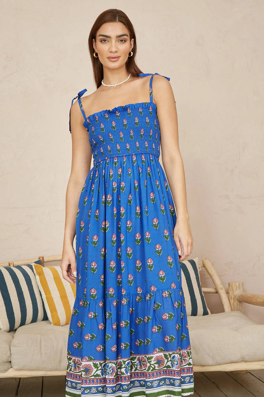 Yumi Blue Strappy Paisley Print Midi Dress With Ruched Bodice: Blue / 10 - The Style Closet