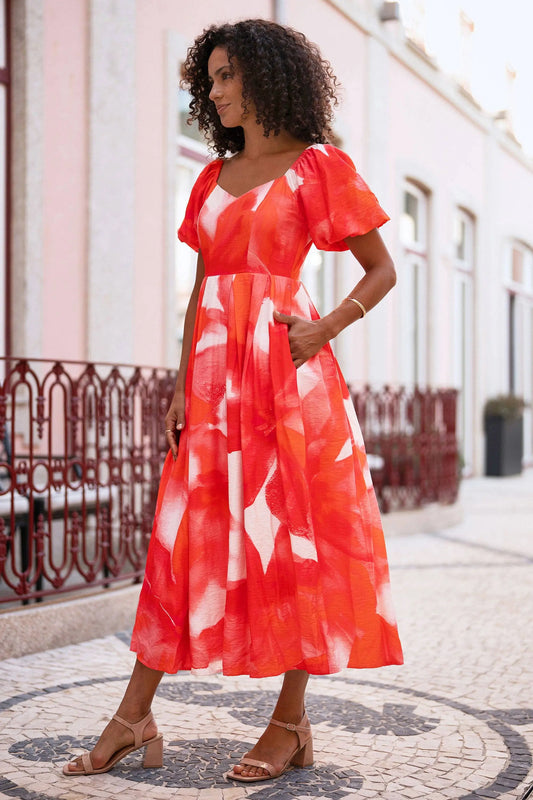 Red Viscose Floral Midi Dress With Puff Sleeves: Red The Style Closet