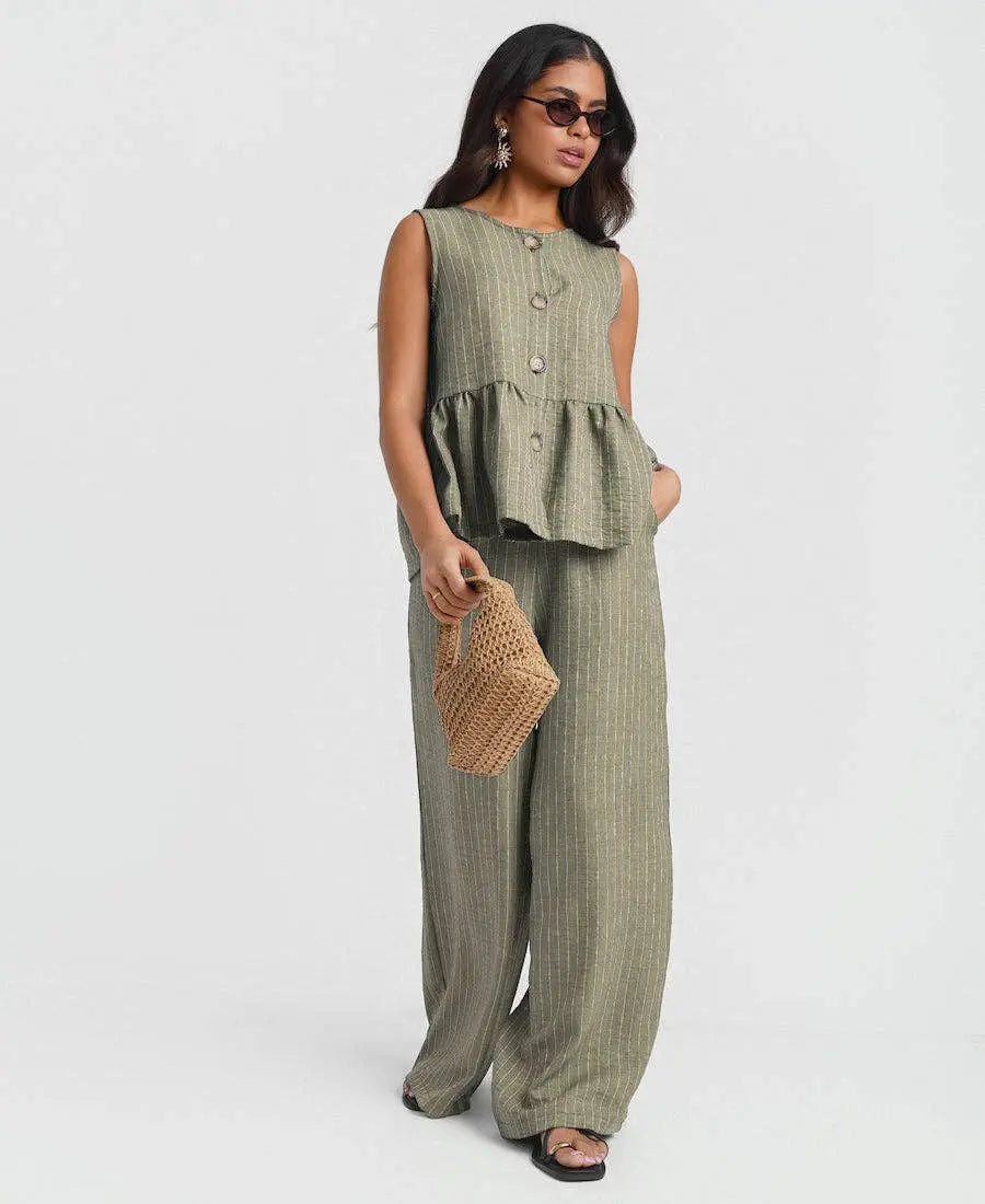 Khaki Stripe Peplum Top: M Needs No Label