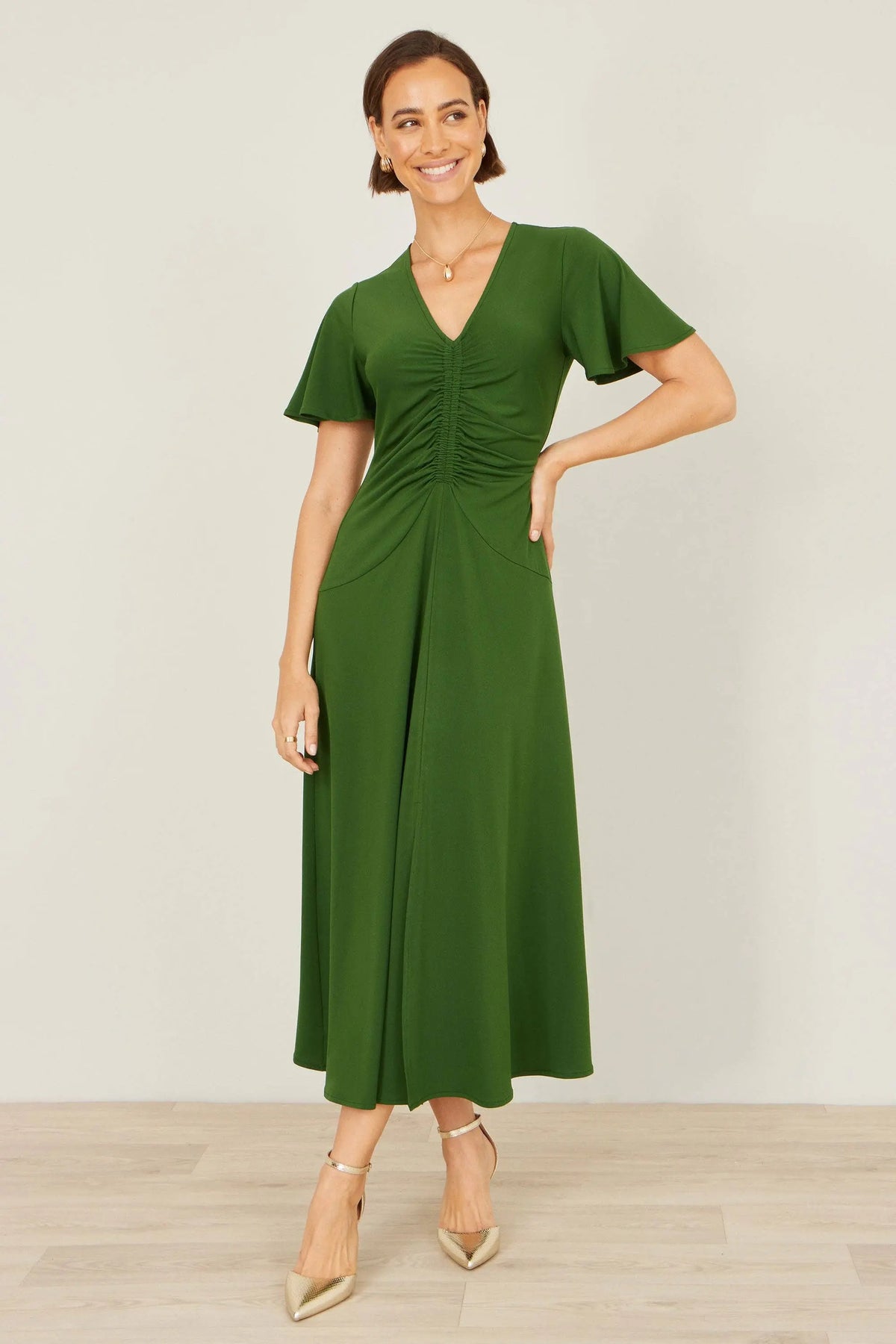 Yumi Green Ruched Front Stretch Midi Dress: Green / 10 Yumi