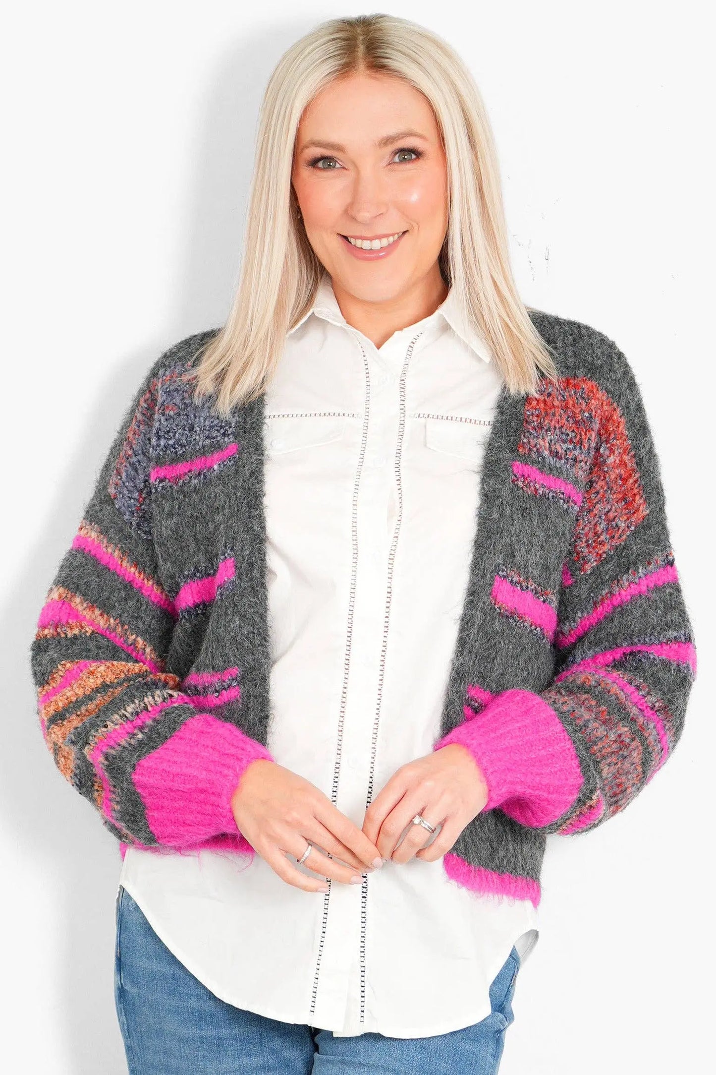 Brodie Wool Blend Cardigan -Grey/Pink, Colourblock Stripe The Style Closet
