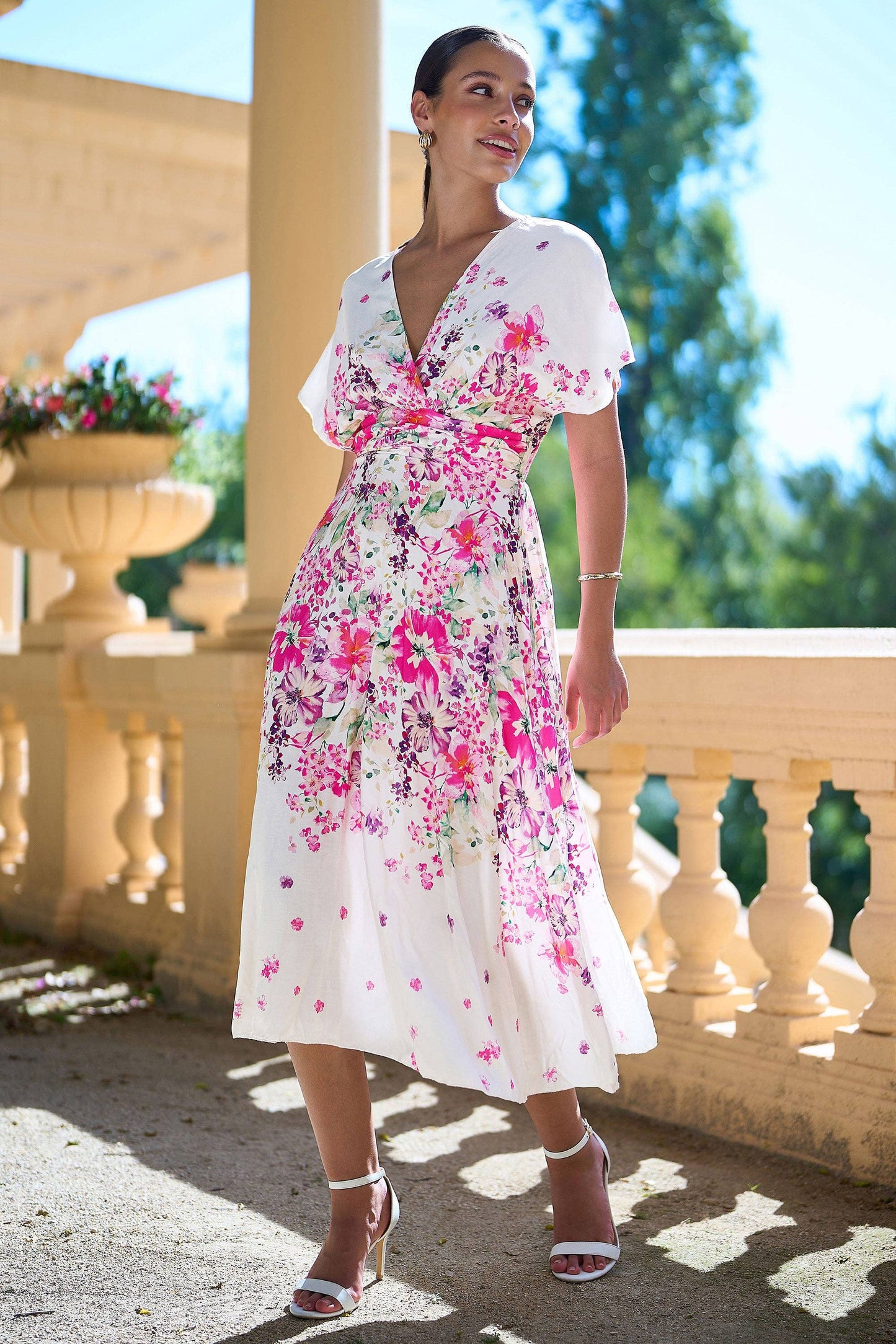 Yumi Pink Mirror Floral Print Ruched Waist Kimono Midi Dress: Pink / 14