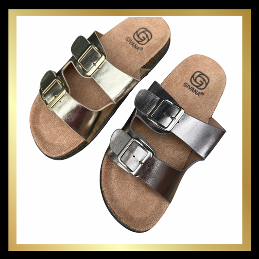 Metallic Double Buckle Sandals