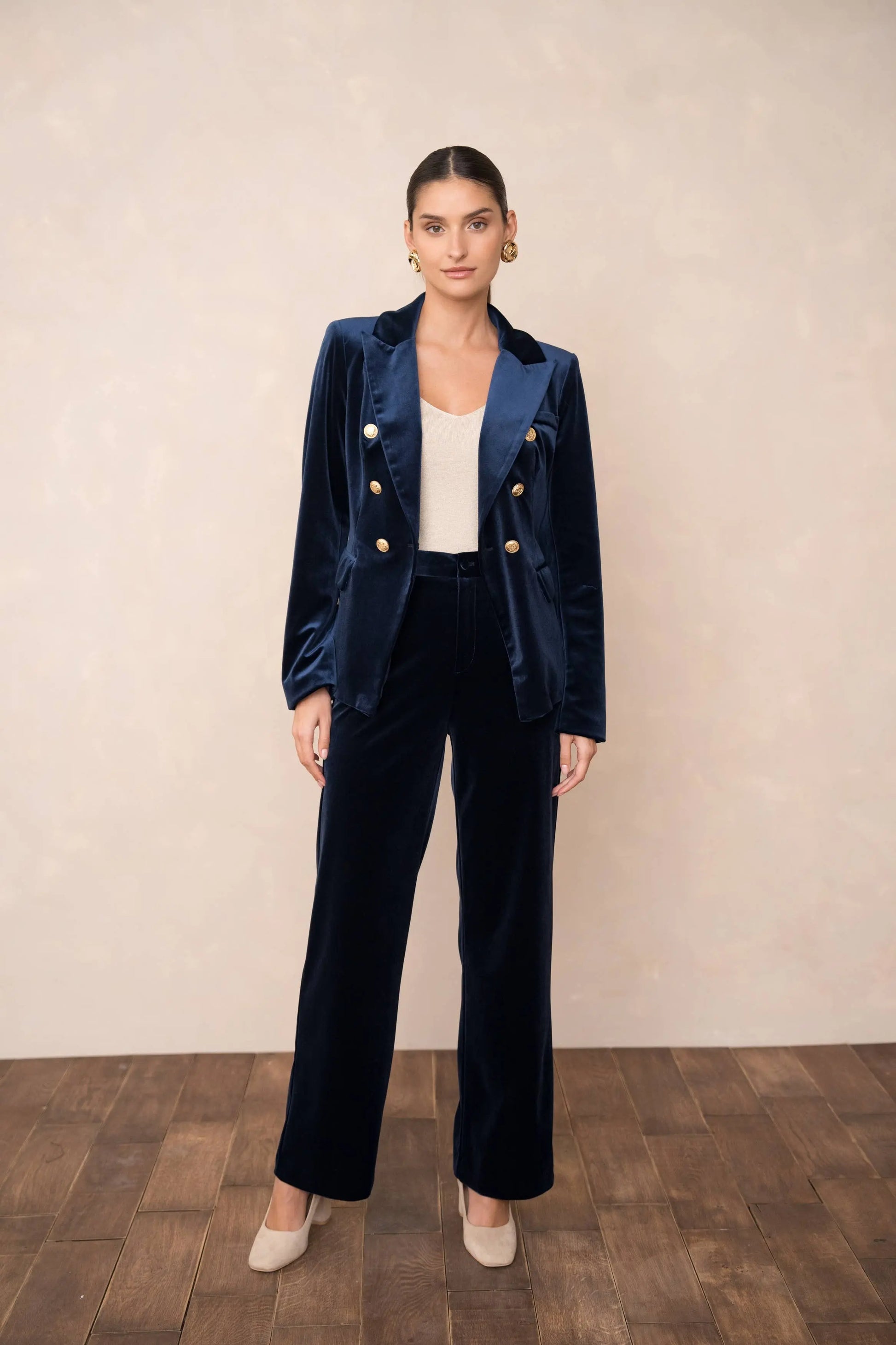 Double-breasted velvet blazer with gold buttons - KHAKI The Style Closet