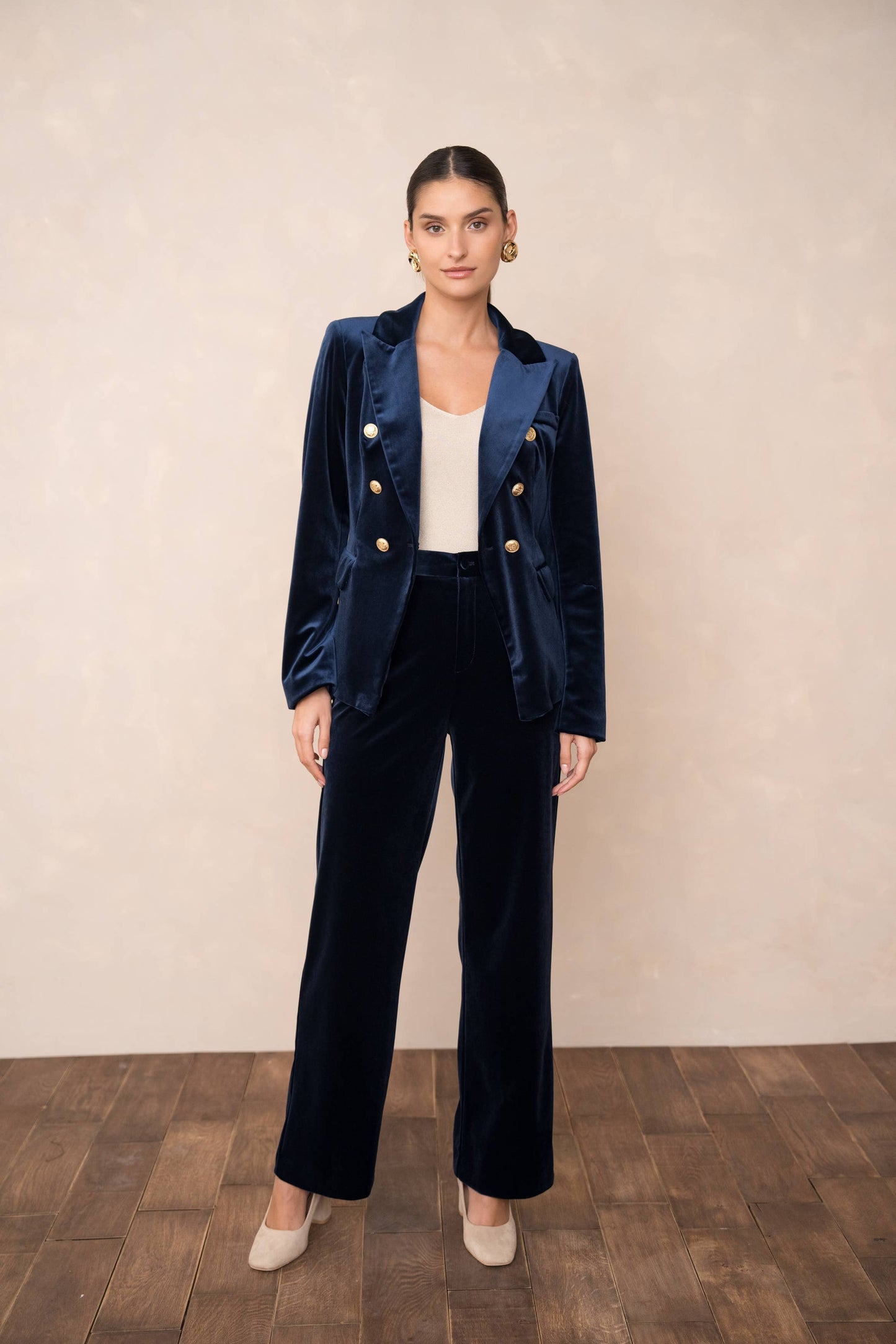 Double-breasted velvet blazer with gold buttons - Chocolate Brown
