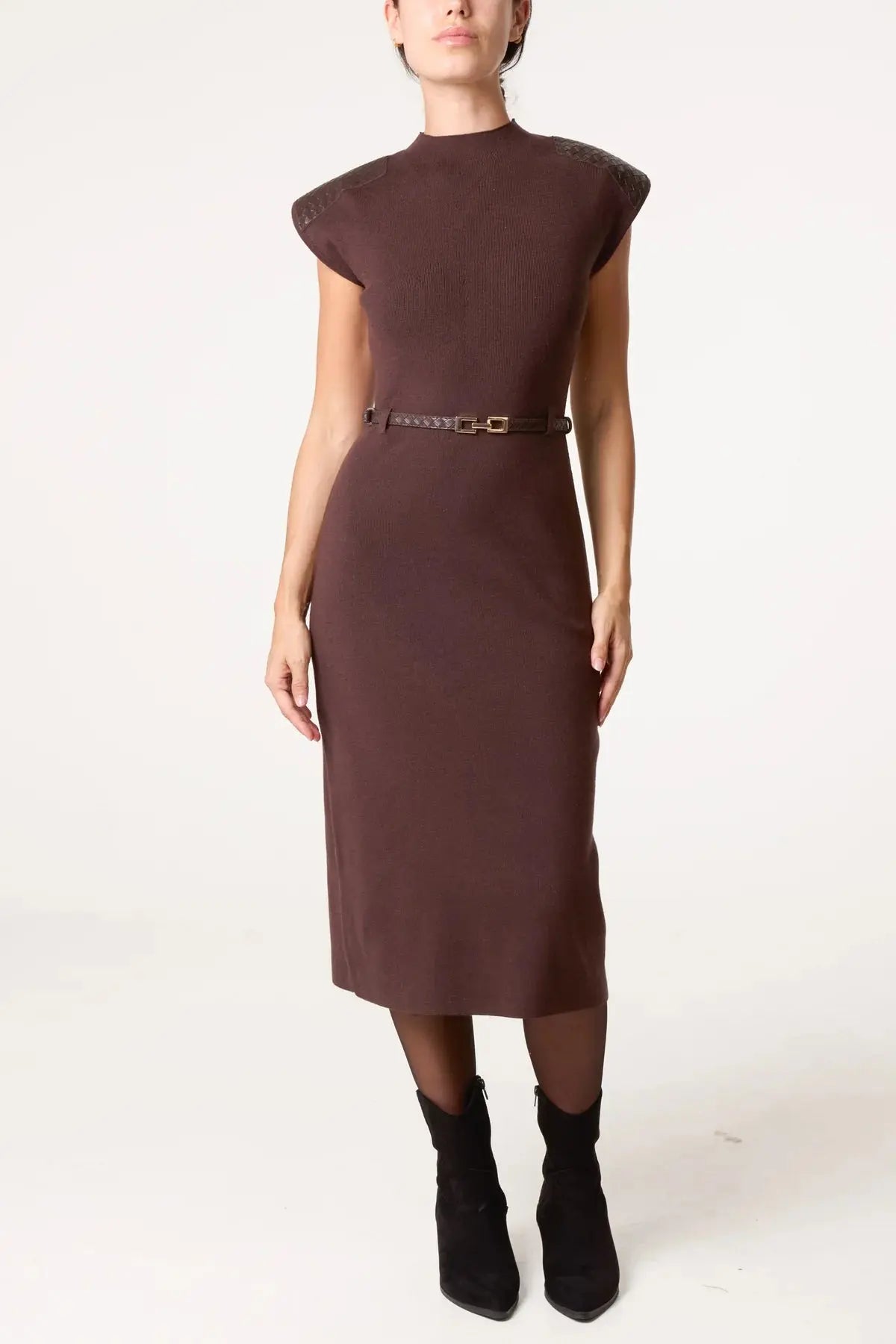 Textured Shoulder Midi Knit Dress The Style Closet