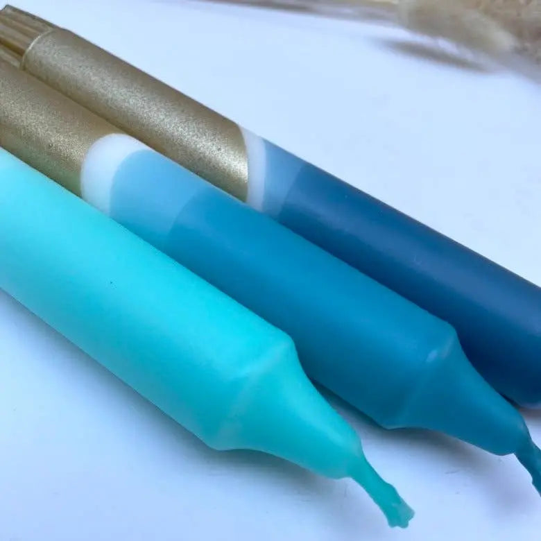 Teal, Hawaiian Blue, Turquoise & Gold Dip Dye Dinner Candles The Style Closet
