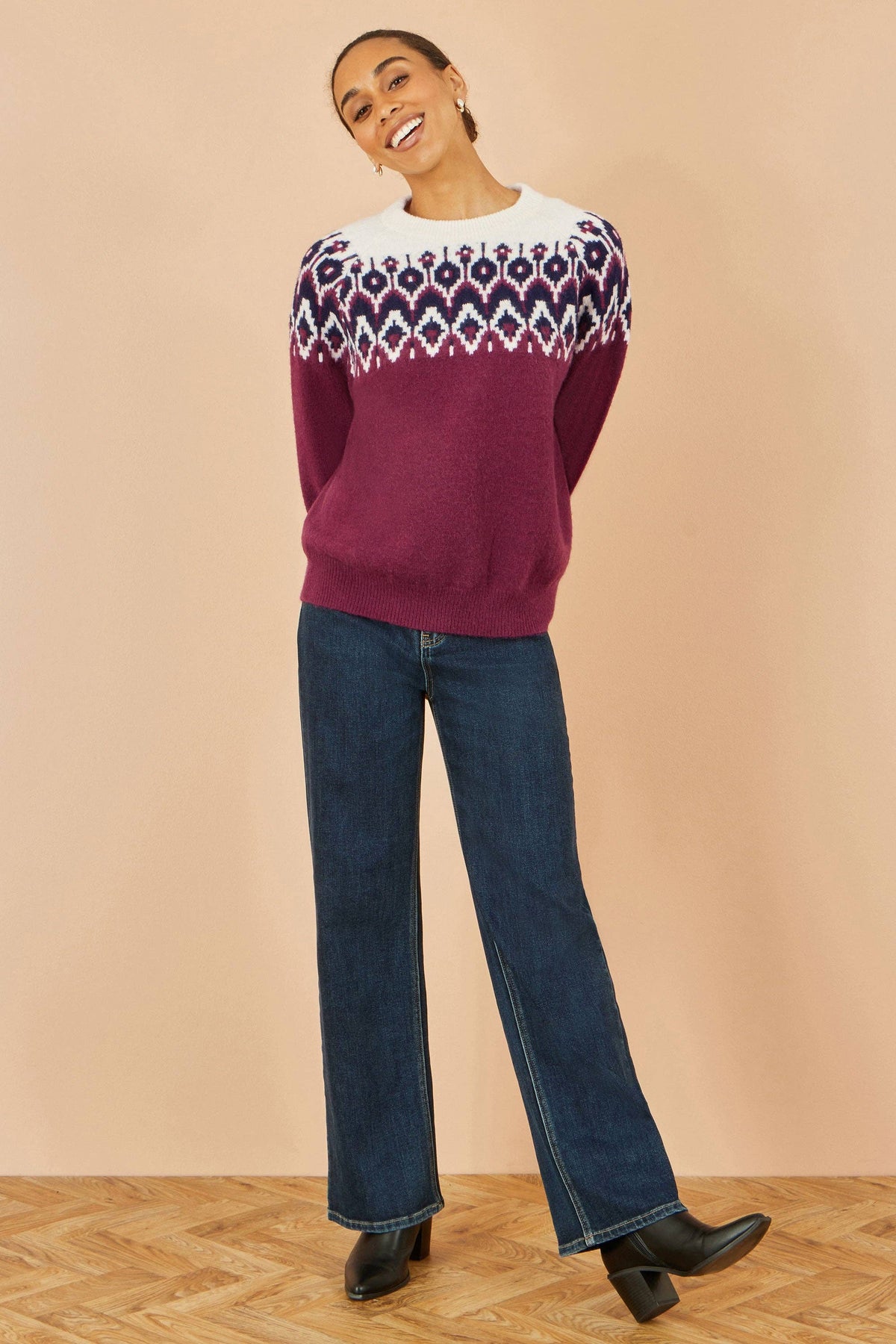 Yumi Burgundy Fair isle Relaxed Fit Knitted Jumper: Burgundy / M/L