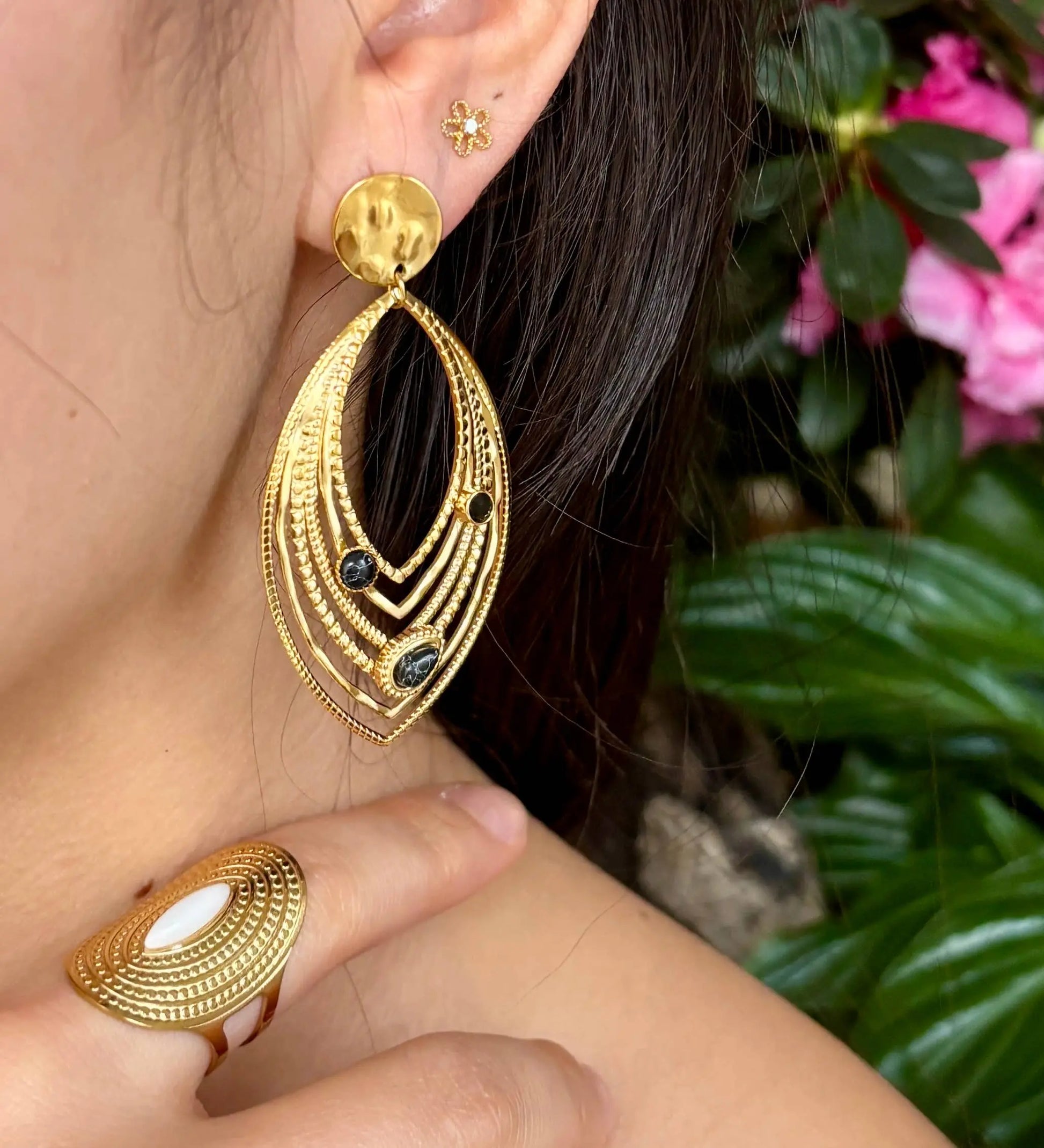 18ct Gold Plated Black Turquoise Leaf Earrings   The Style Closet