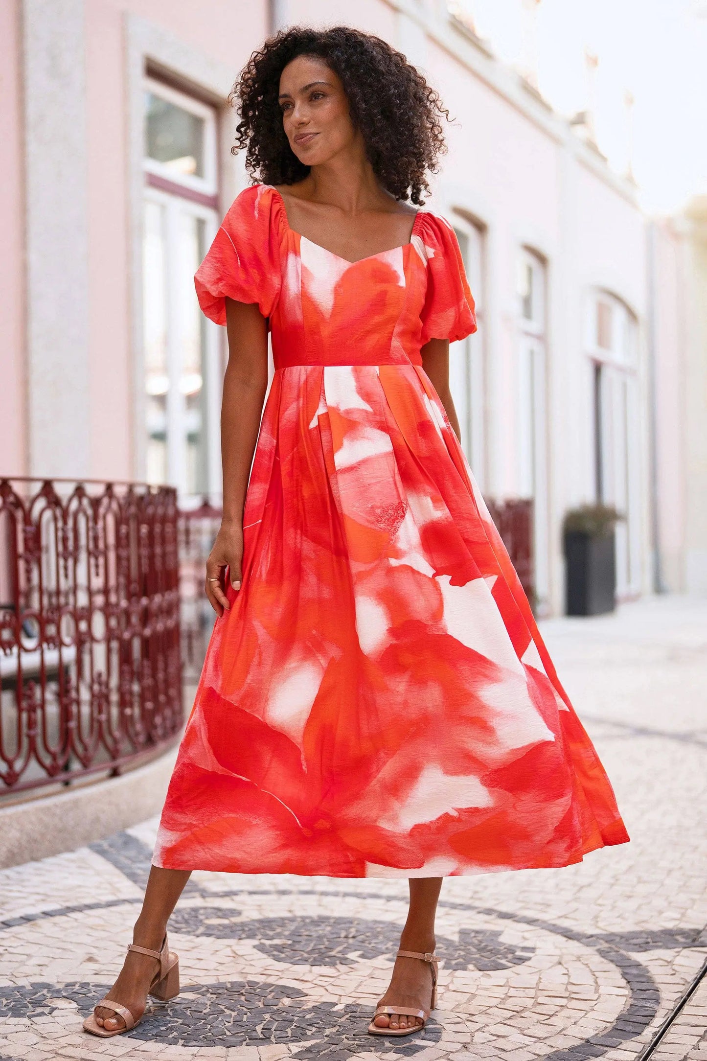 Red Viscose Floral Midi Dress With Puff Sleeves: Red The Style Closet