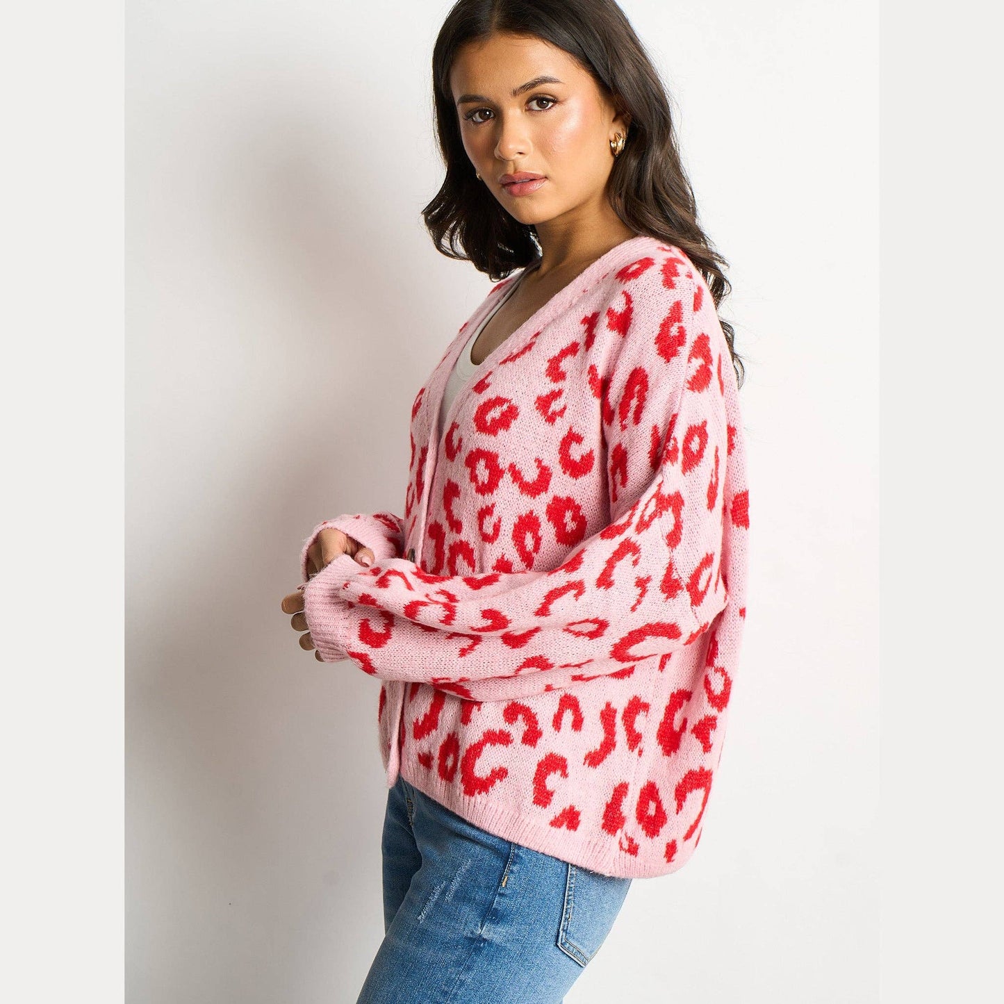 Leopard Print Italian Wool Blend Cardigan in Pink/Red: One-size (UK 8-18)