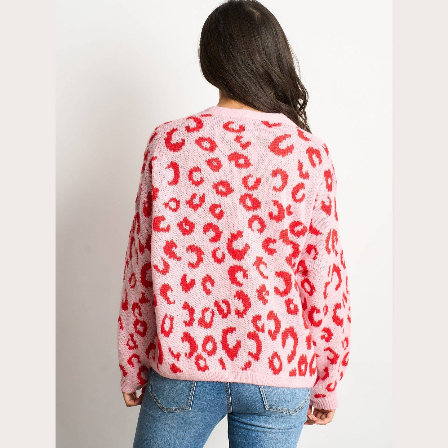 Leopard Print Italian Wool Blend Cardigan in Pink/Red: One-size (UK 8-18)
