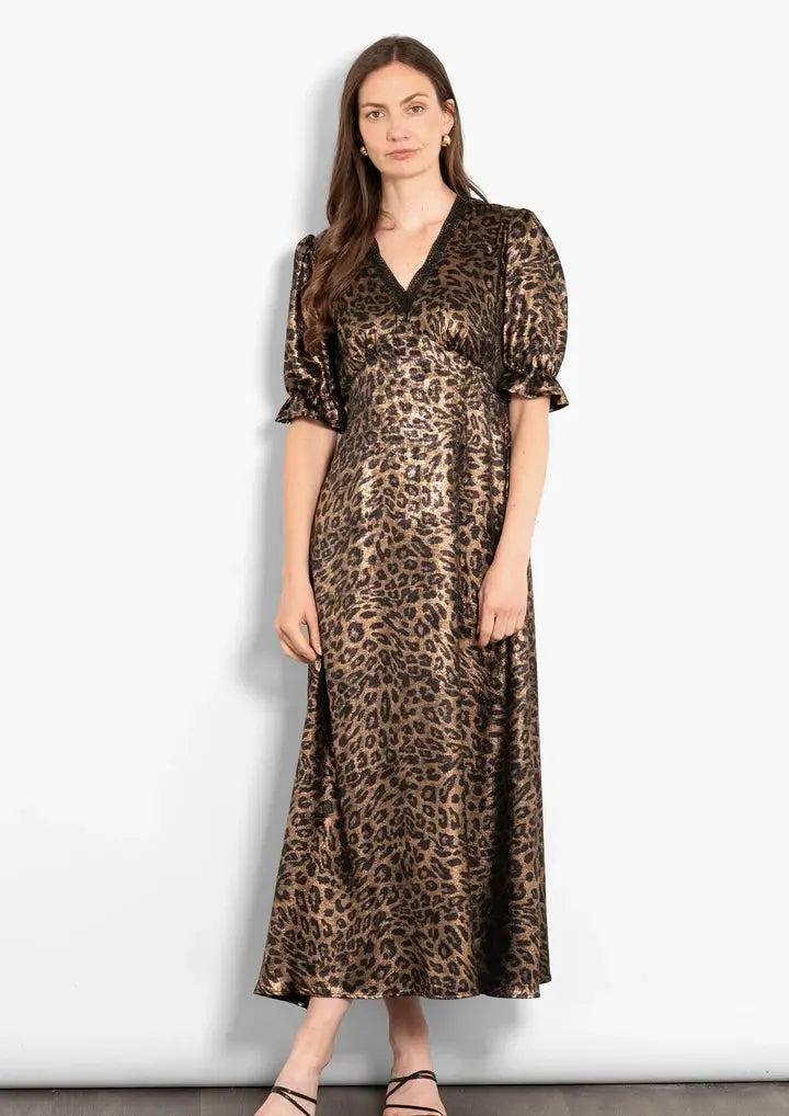 V-Neck Tea Dress- Bronze, Leopard The Style Closet