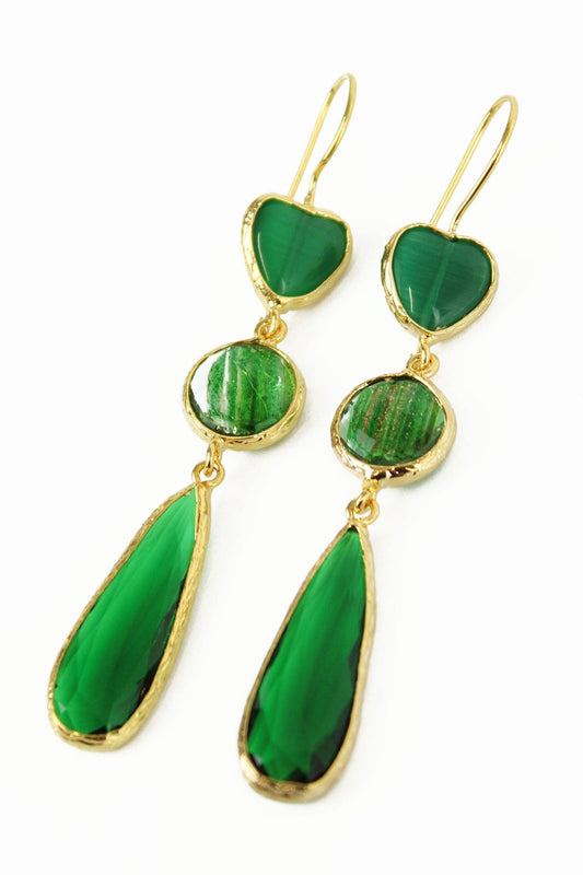 GREEN 3 DROP EARRINGS WITH HEART TOP