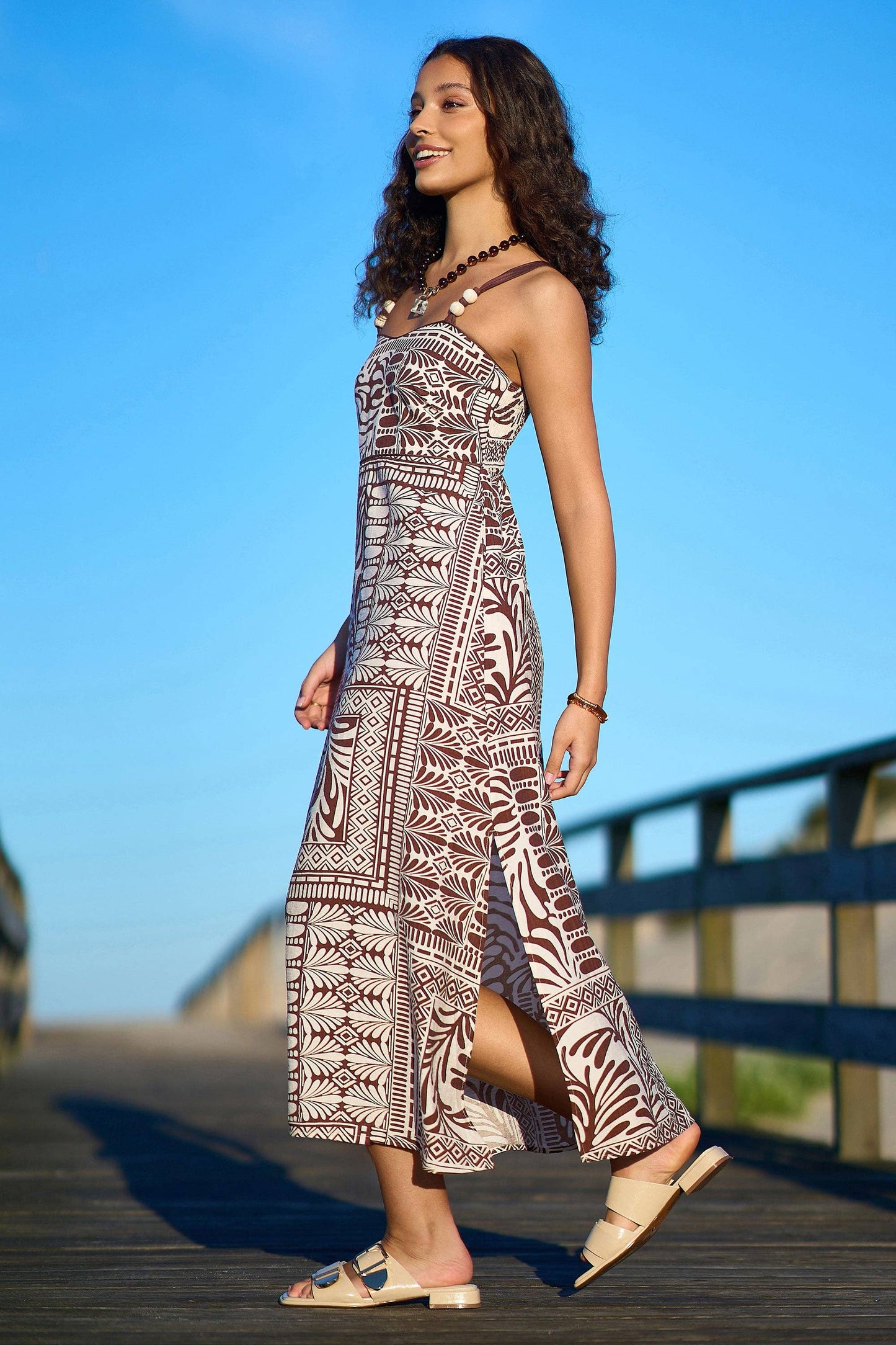 Yumi Brown Tile Print Maxi Dress With Bead Details: Brown / 16