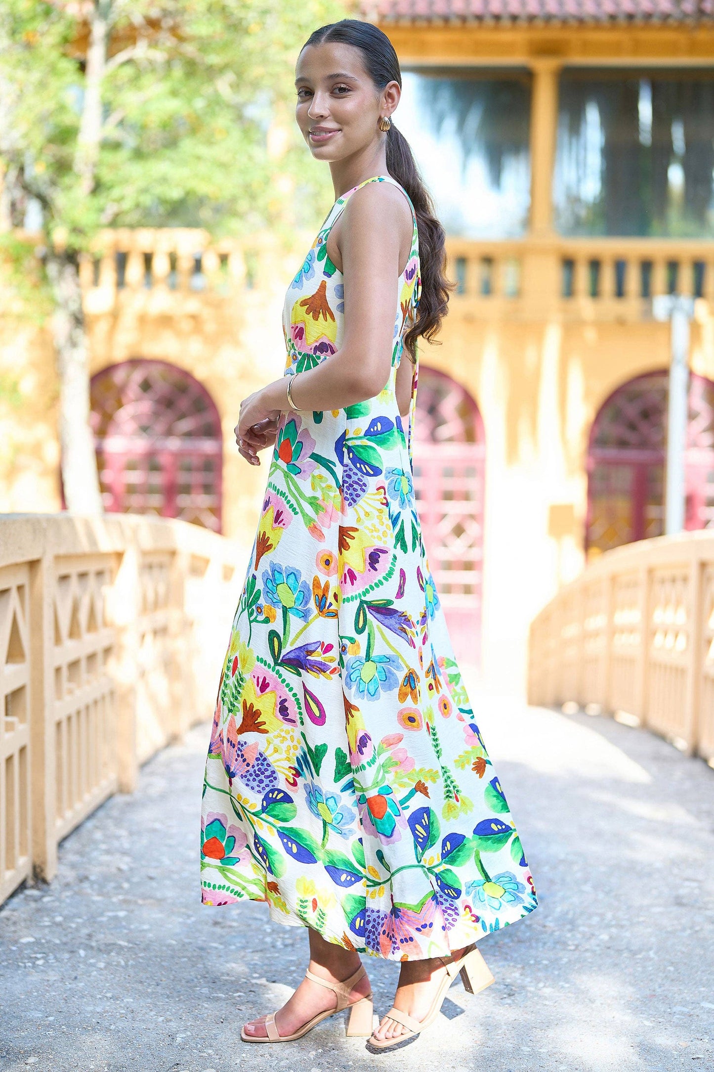 Multicolour Abstract Flower Maxi Dress With Tie Back