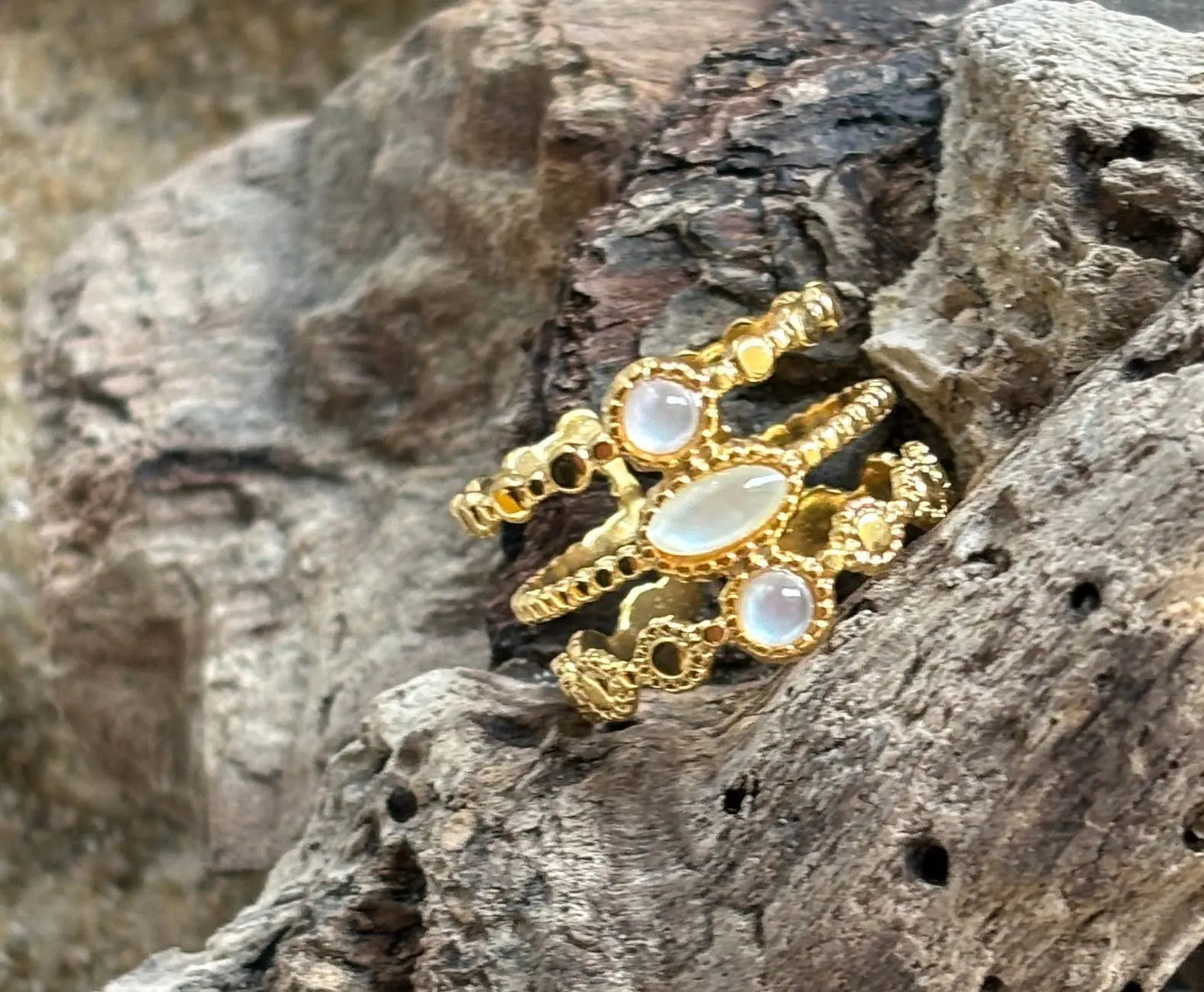 18ct Gold Plated Mother Of Pearl Triple Band Adjustable Ring The Style Closet