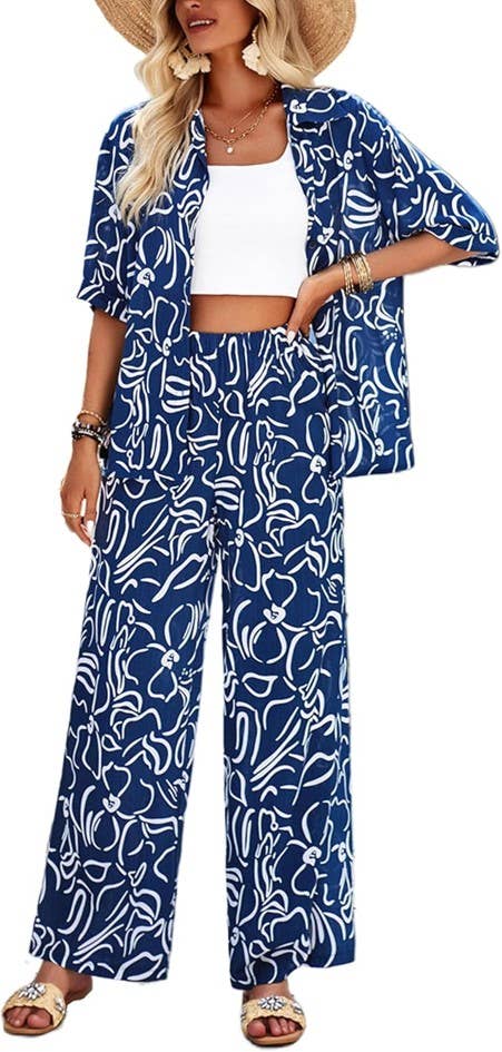 Printed Shirt and Trousers Co-ord Set: Blue / M