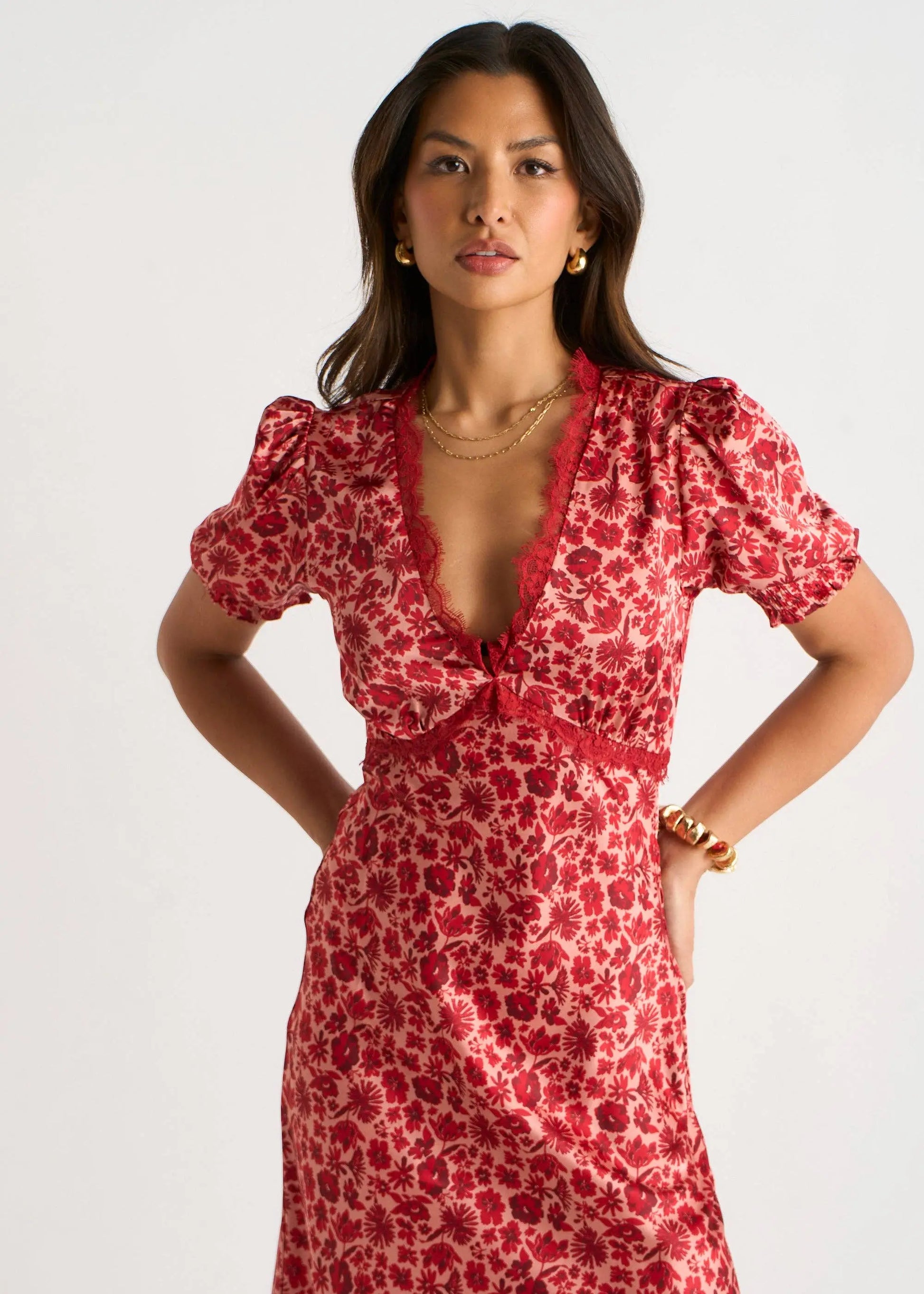 Red Floral Lace Trim V Neck Midi Dress The Style Closet