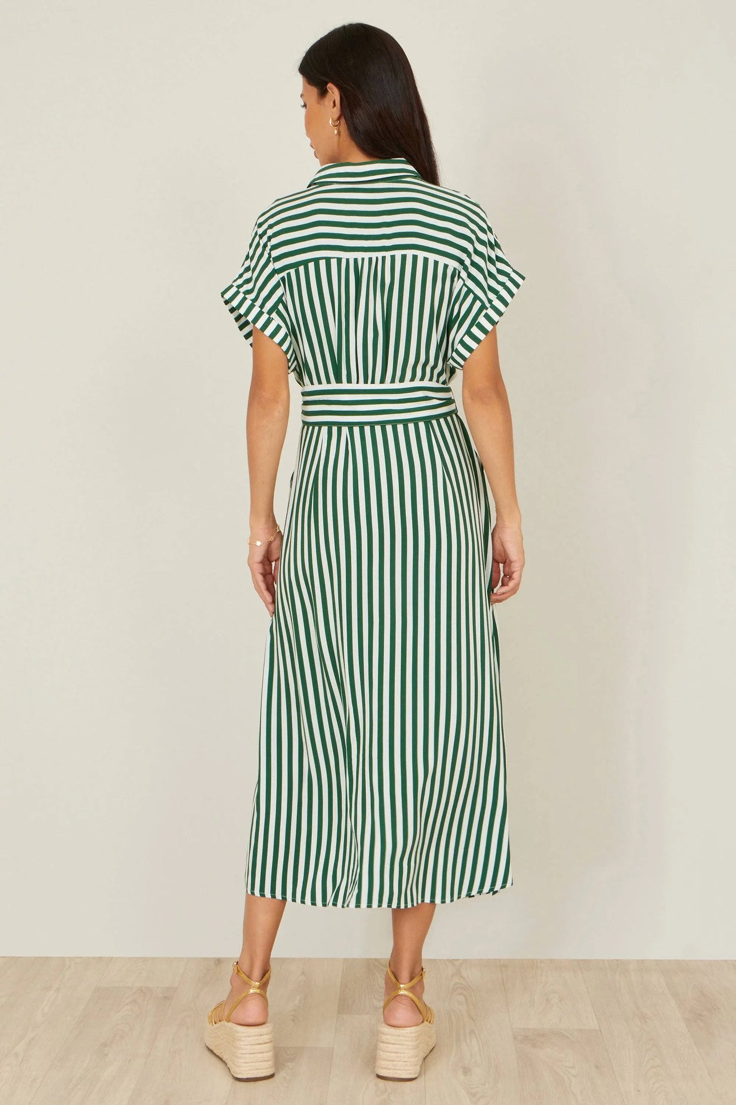 Yumi Green Stripe Print Relaxed Midi Shirt Dress With Belt: Green / 12 Yumi