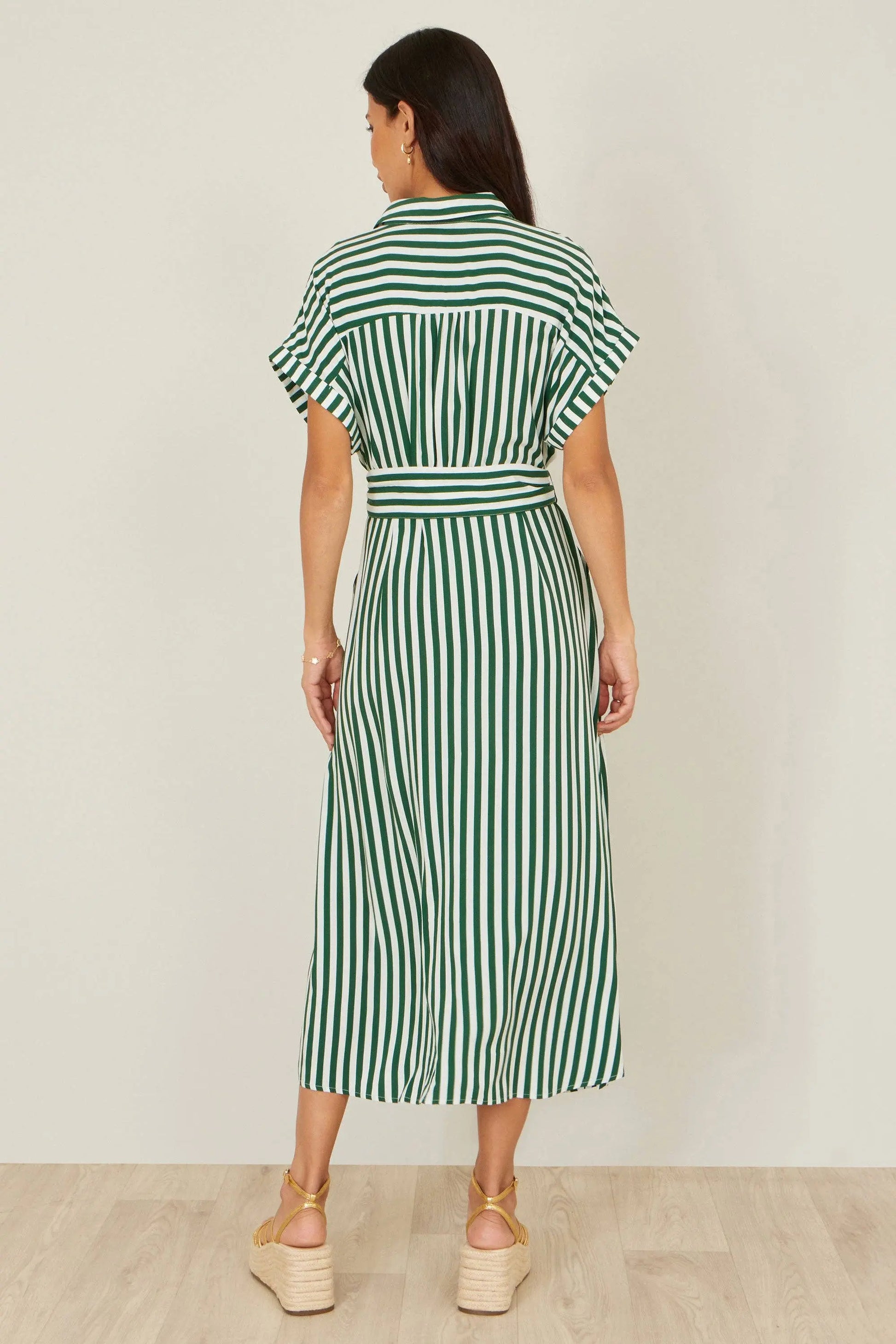 Yumi Green Stripe Print Relaxed Midi Shirt Dress With Belt: Green / 12 Yumi