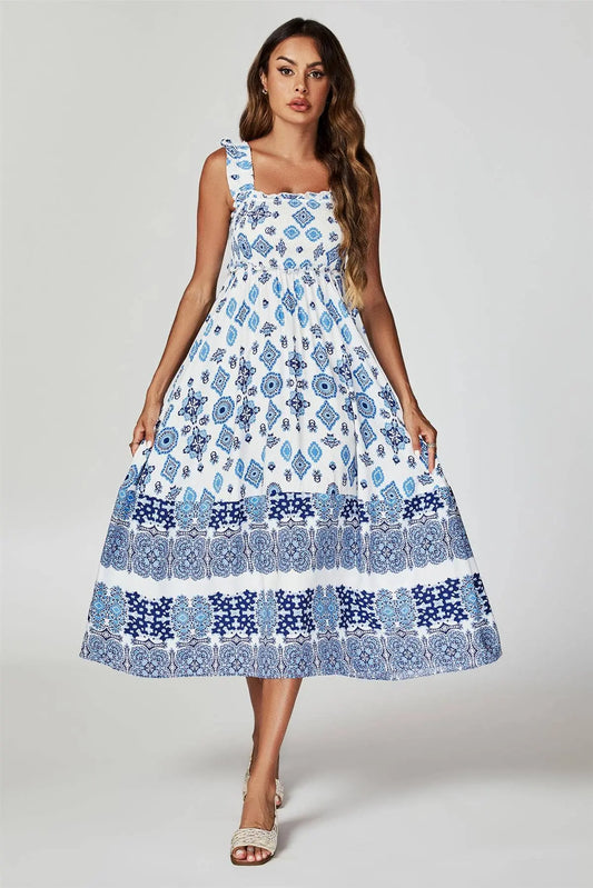Blue Border Print Hem Detail Tiered Maxi Dress In White: White / L FS Collection
