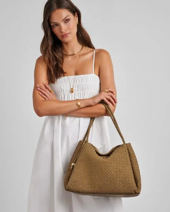 NOVA Hand Woven Large Suedette Shoulder Bag - Caramel The Style Closet