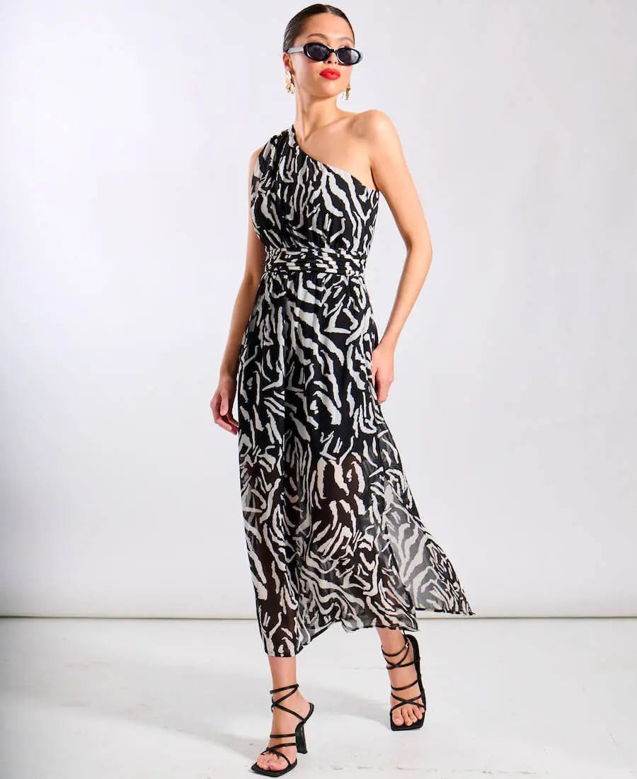 Black Animal One Shoulder Midi Dress The Style Closet
