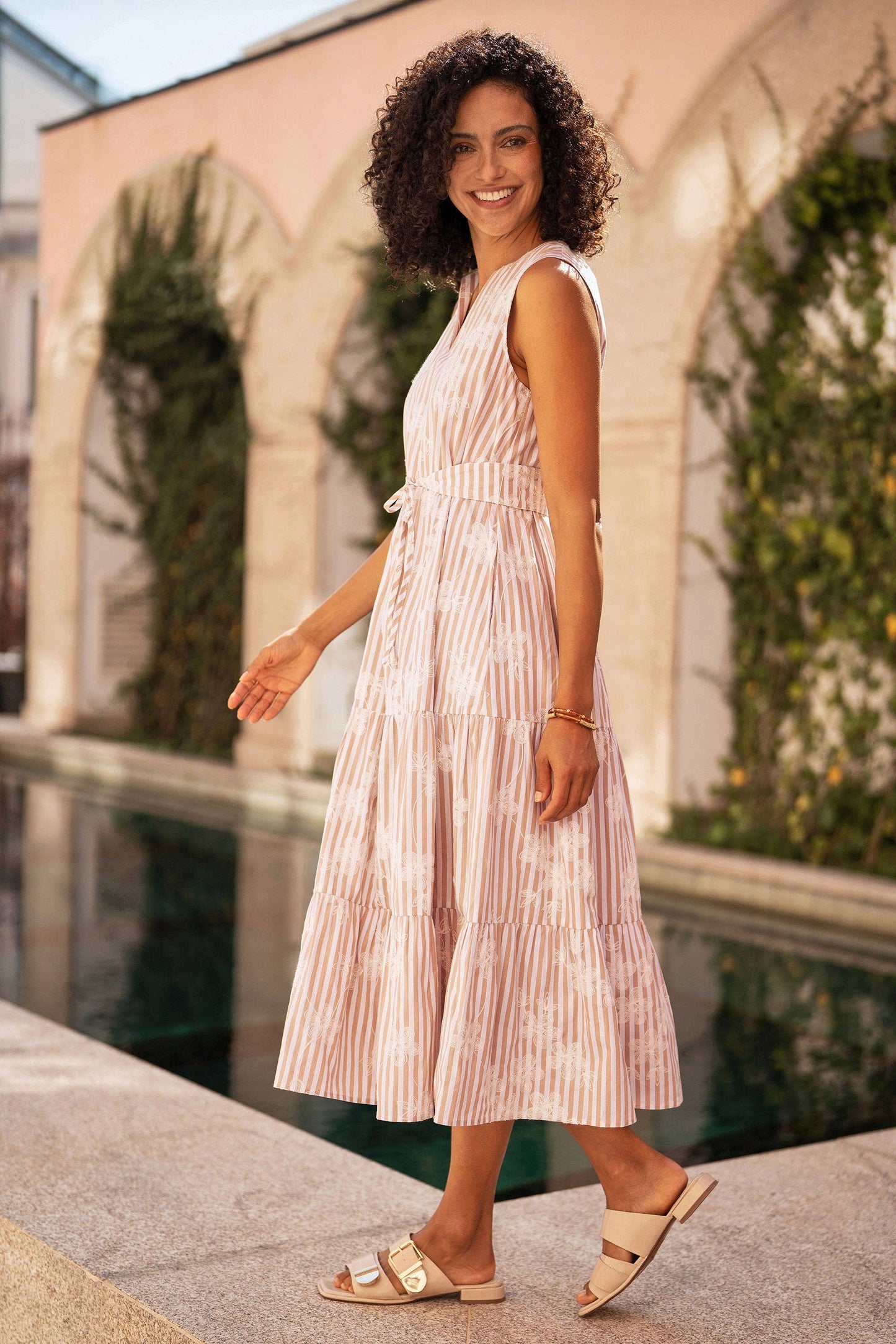 Yumi Brown Stripe With Embroidered Flower Cotton Dress: Brown / 16