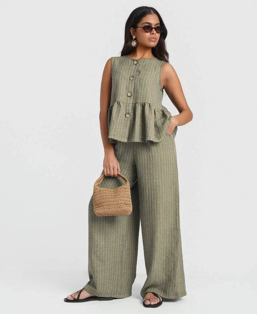 Khaki Stripe Wide Leg Trousers: L Needs No Label
