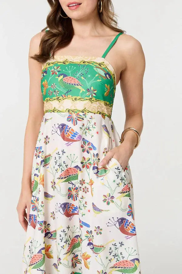 A-Line Sleeveless Midi Dress in MULTI GREEN The Style Closet