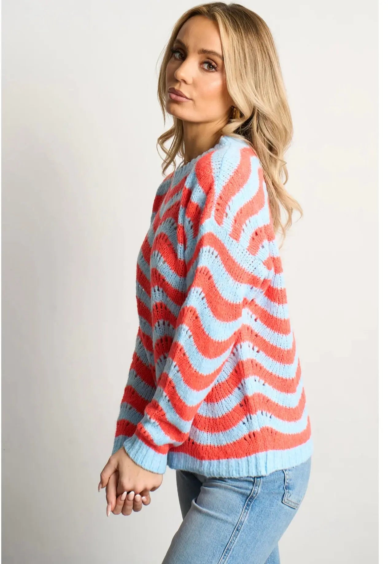 Wave Stripe Scalloped Italian Wool Blend Jumper in Blue/Coral The Style Closet