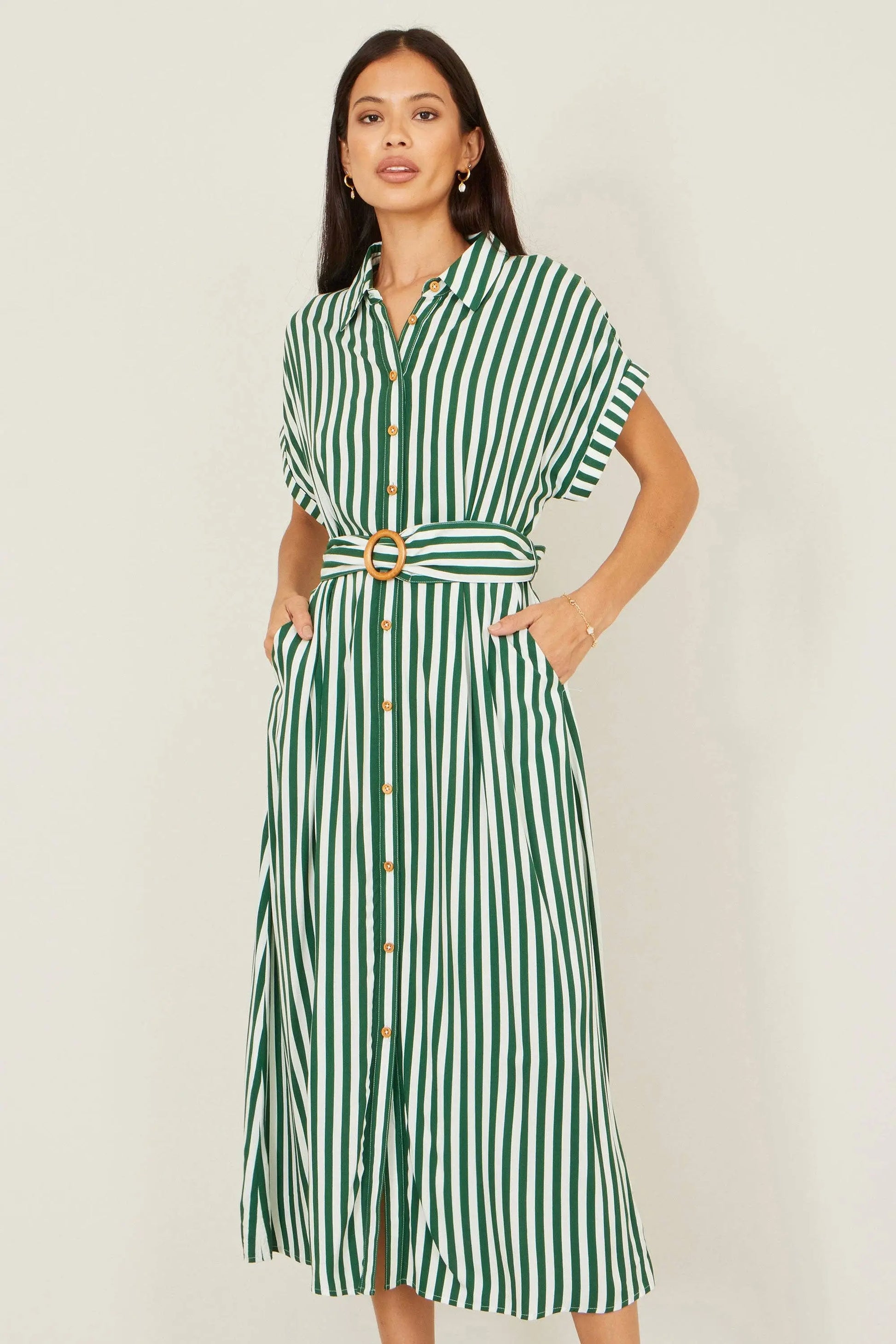 Yumi Green Stripe Print Relaxed Midi Shirt Dress With Belt: Green / 12 Yumi