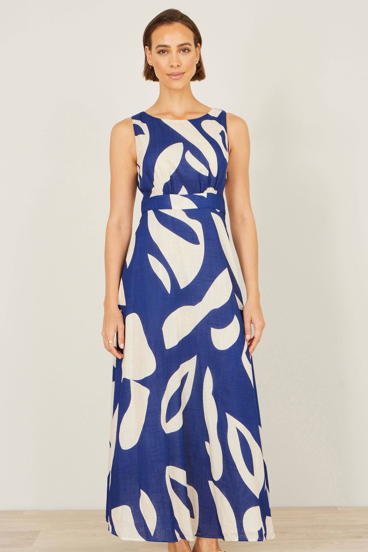 Yumi Navy Abstract Maxi Dress With Tie Back: Navy / 12