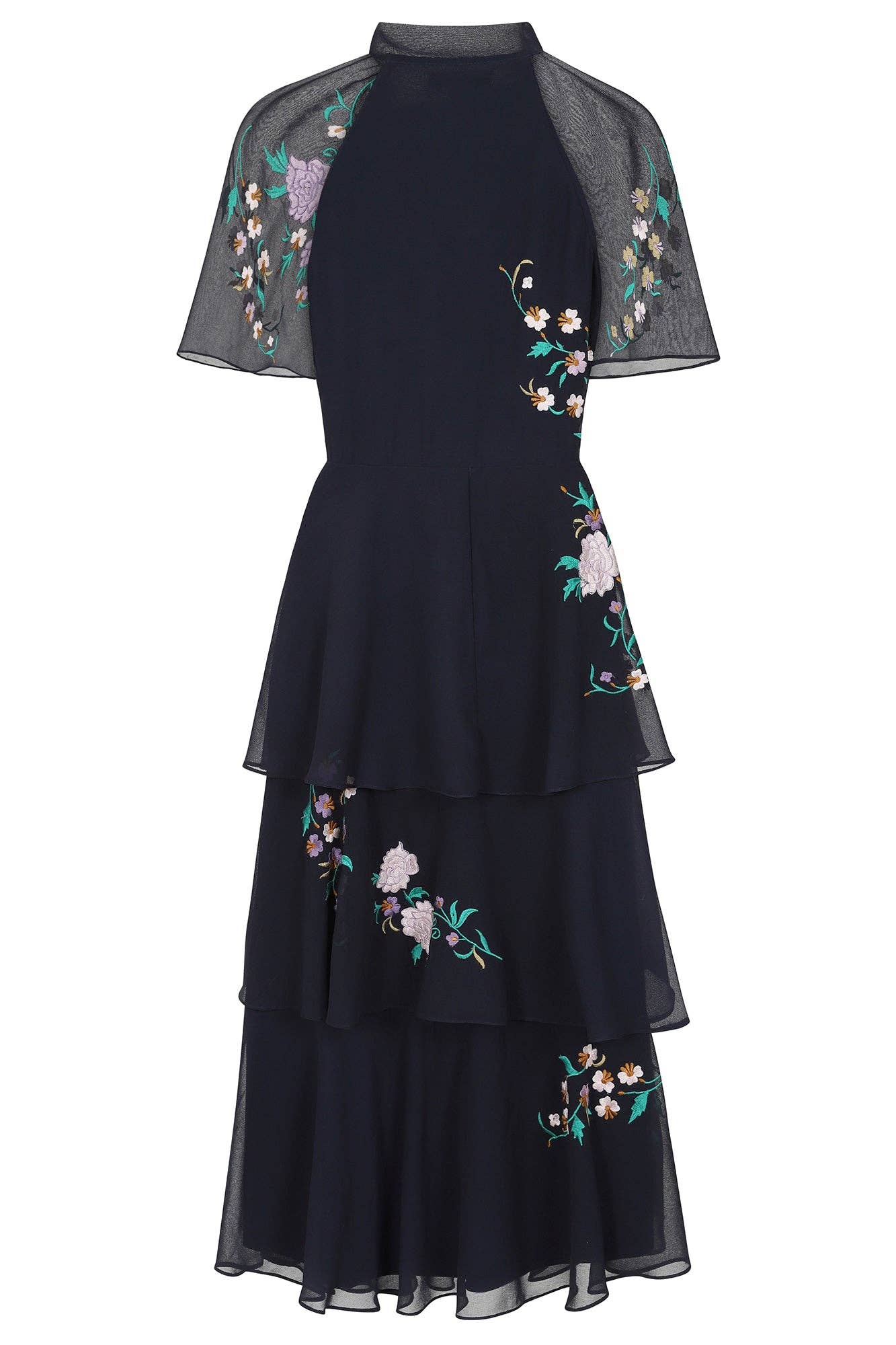 Diantha Navy Floral Embroidered Tiered Midi Dress: 14 / Navy