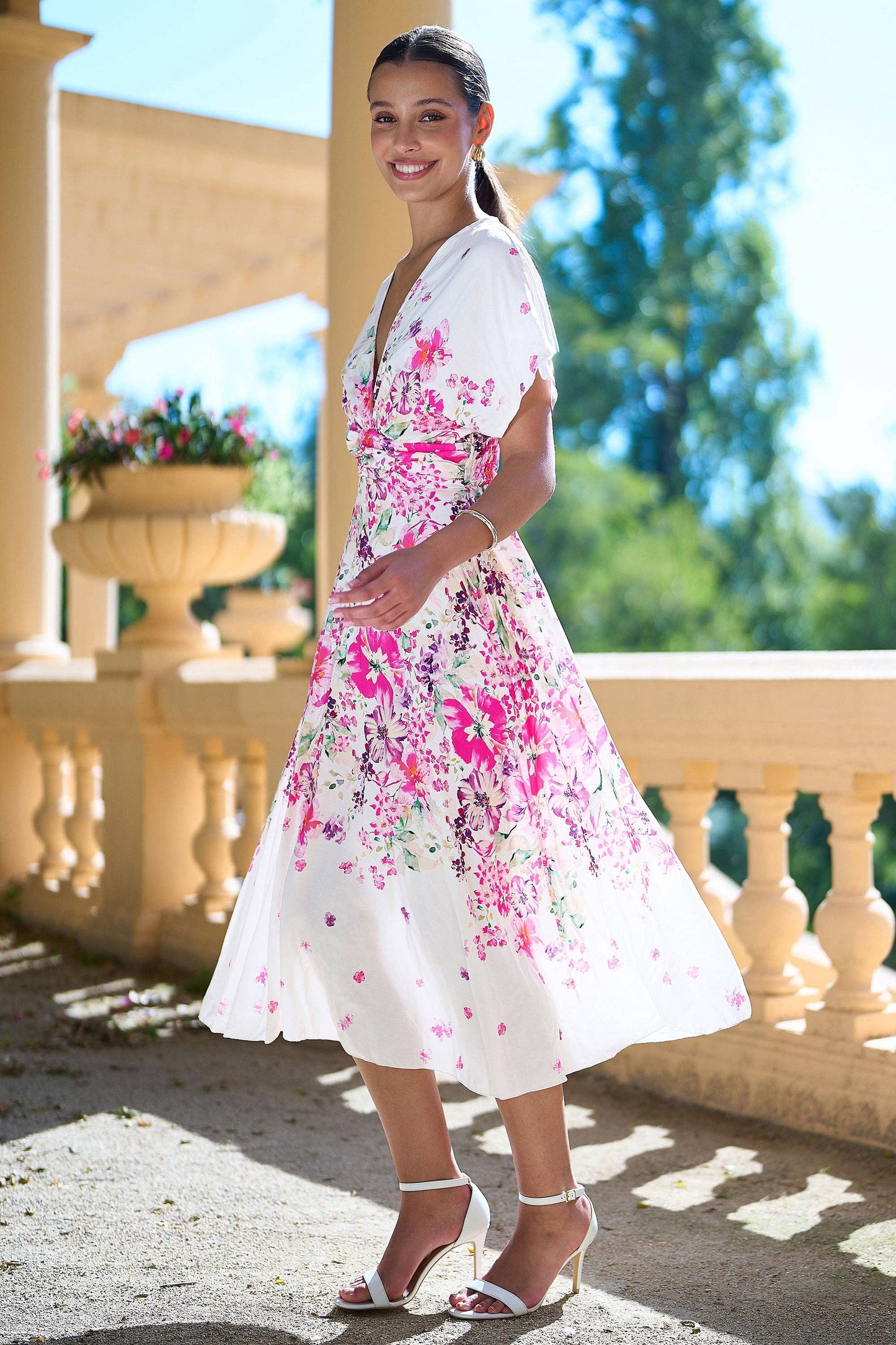 Yumi Pink Mirror Floral Print Ruched Waist Kimono Midi Dress: Pink / 16
