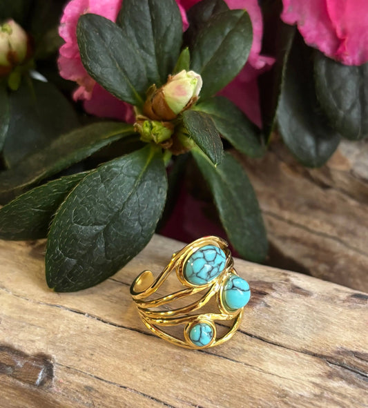 18ct Gold Plated Turquoise Multi Band Adjustable Ring  The Style Closet