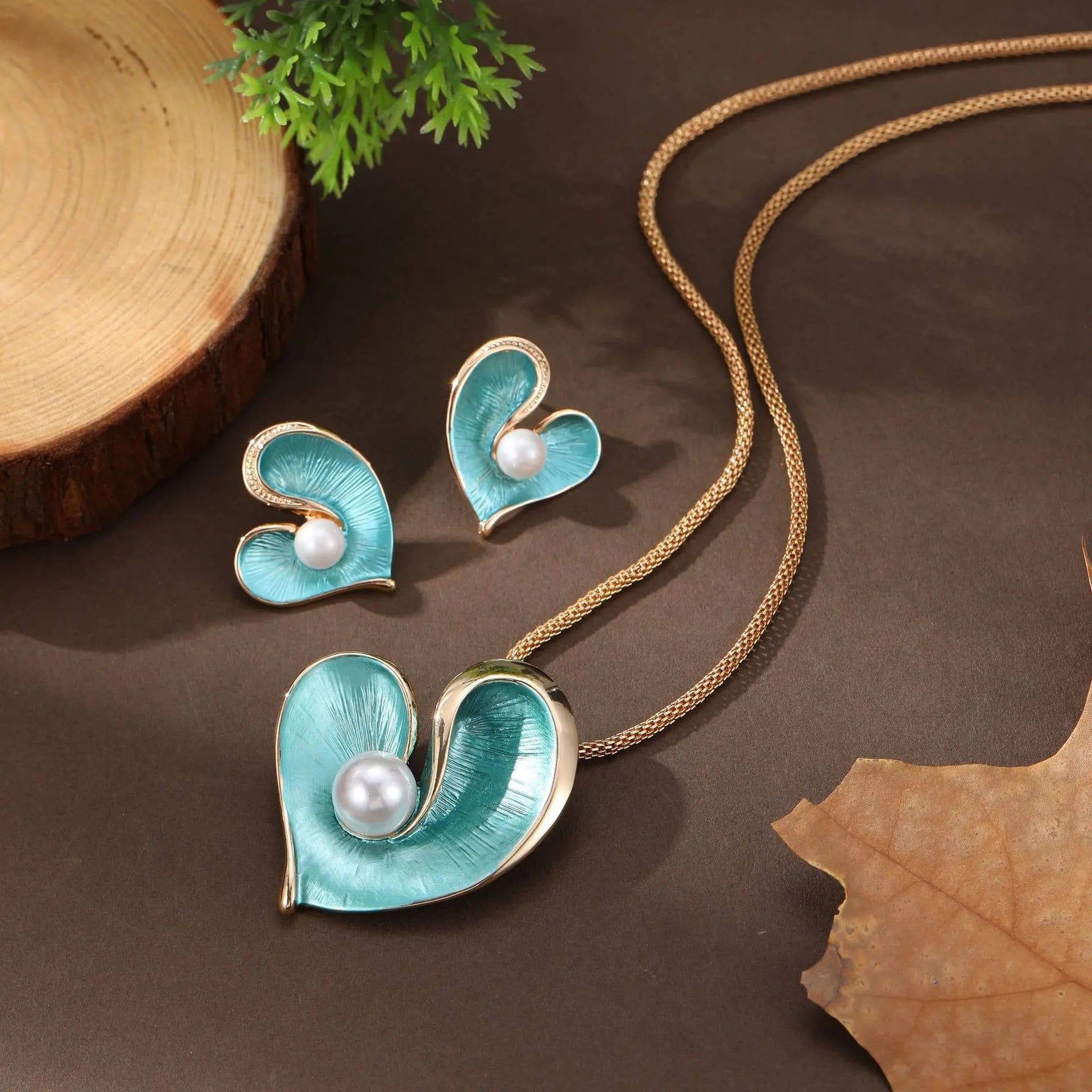 Pearlie Heart Necklace and Earrings Set Blue or Pink The Style Closet