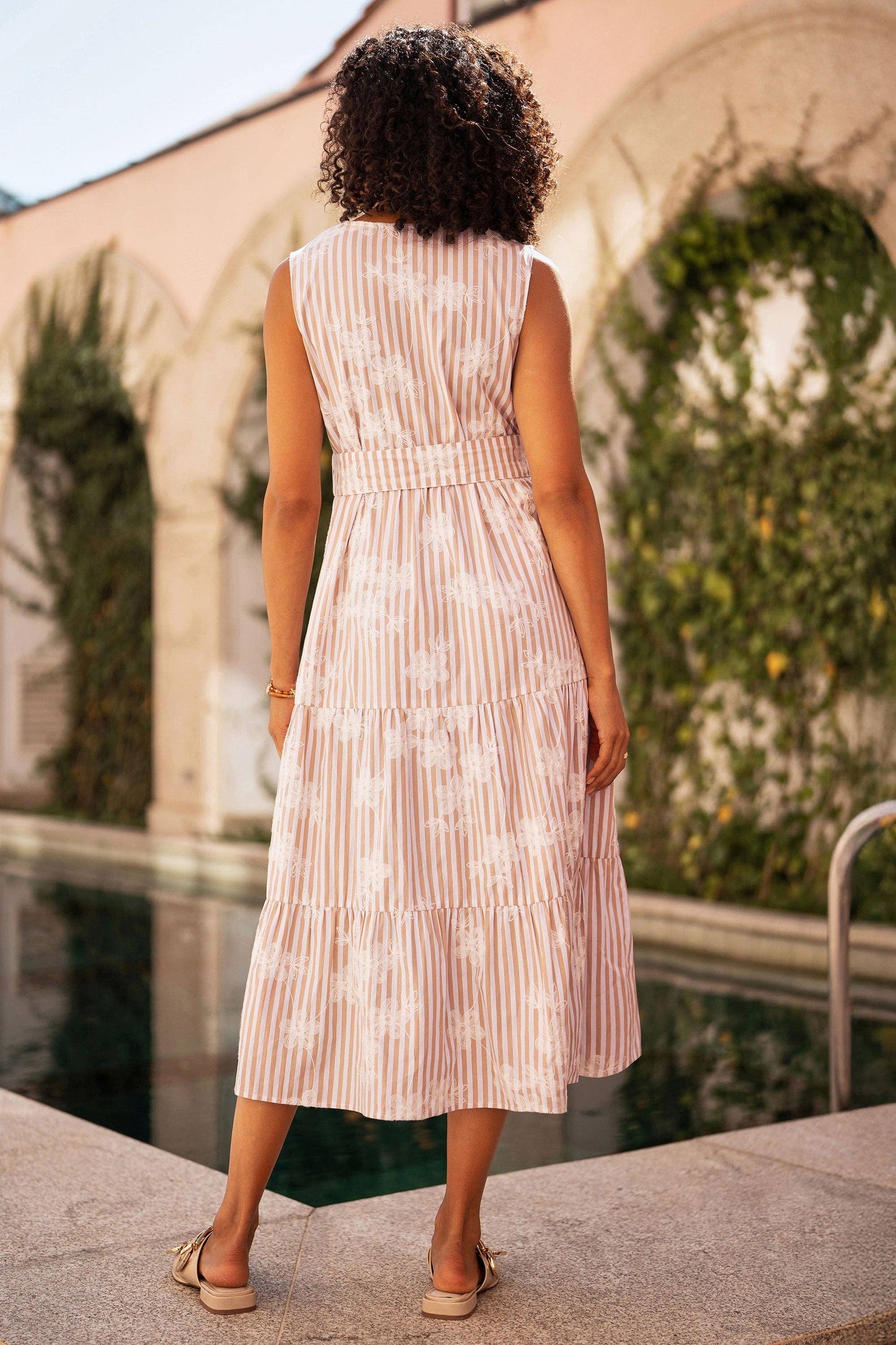 Yumi Brown Stripe With Embroidered Flower Cotton Dress: Brown / 12