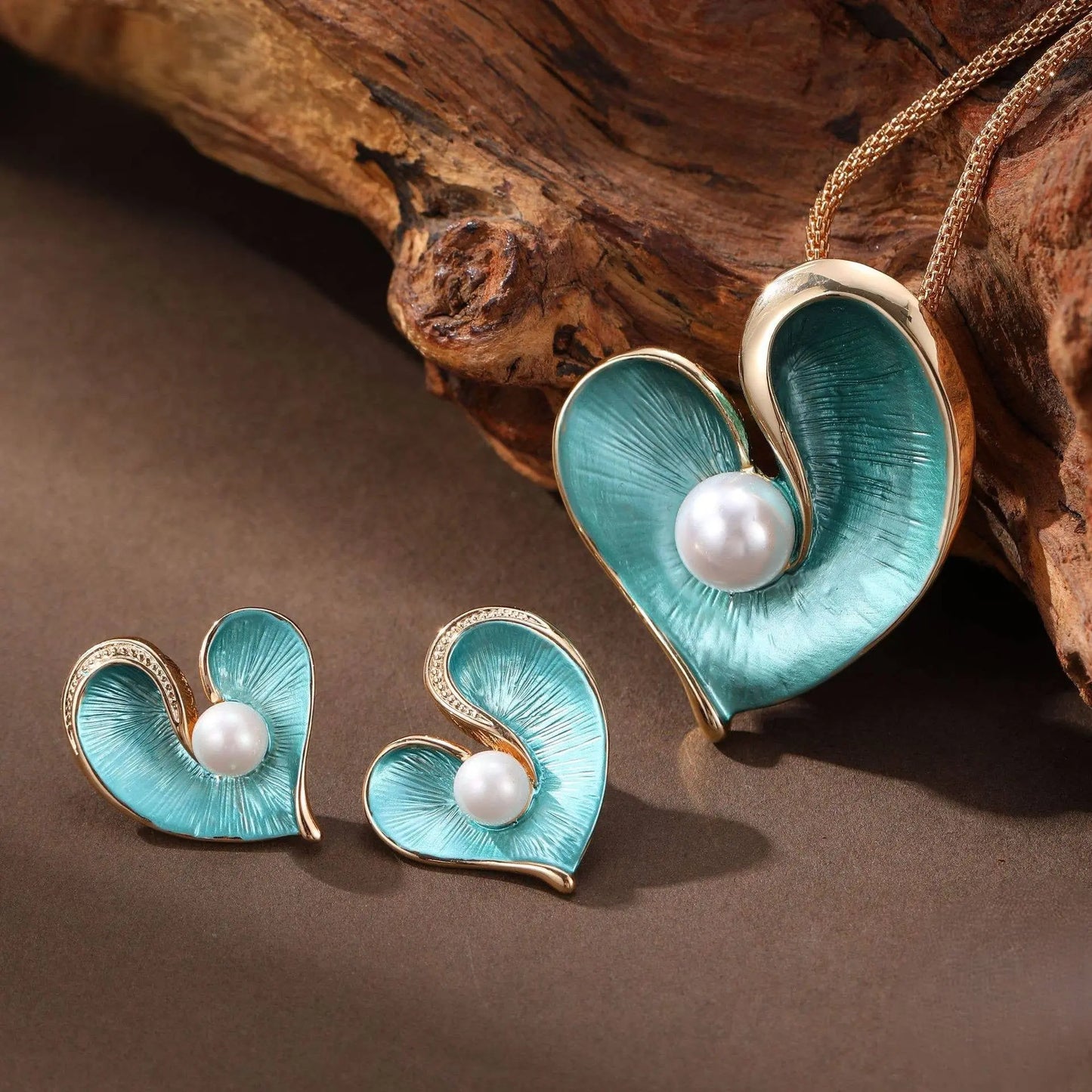 Pearlie Heart Necklace and Earrings Set Blue or Pink The Style Closet