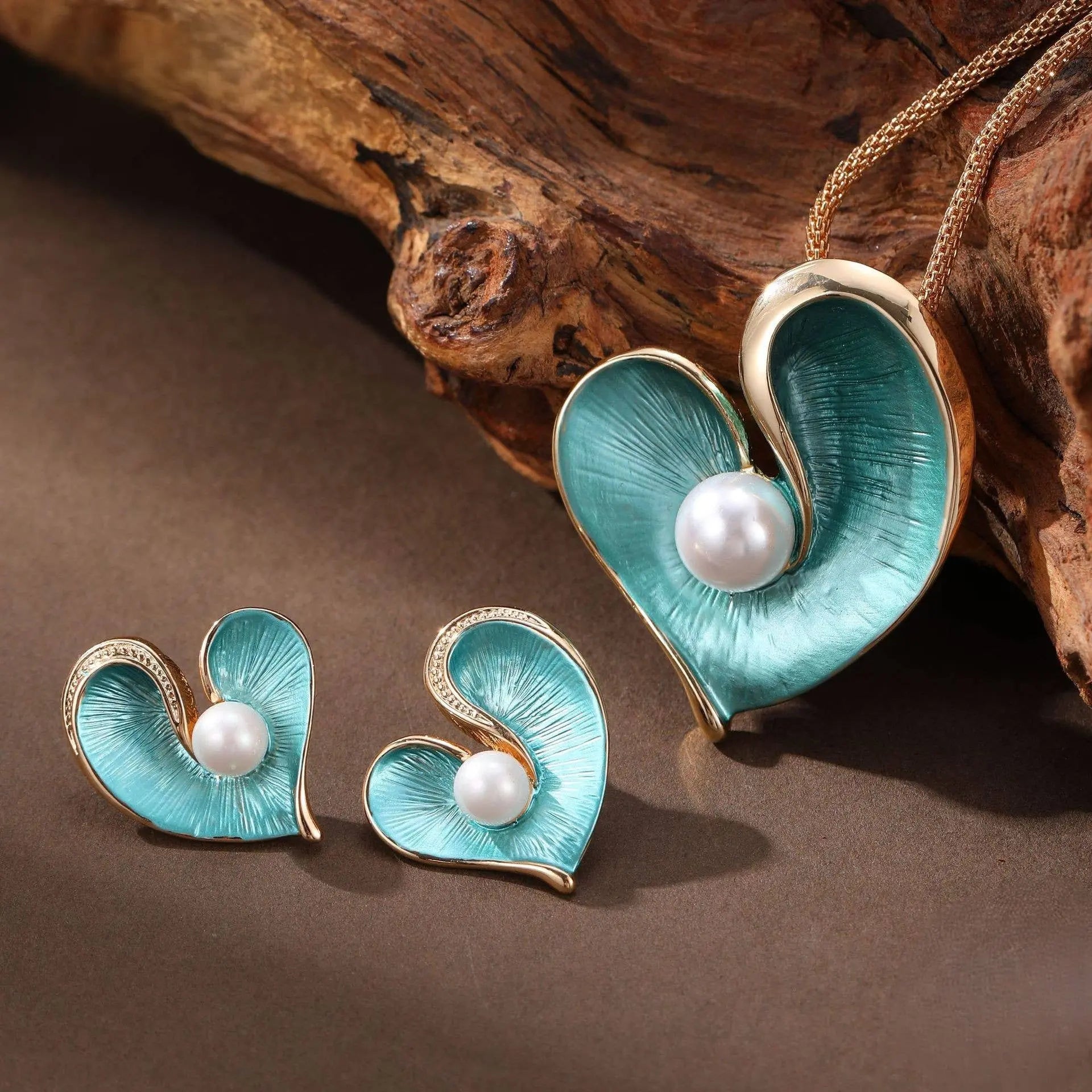 Pearlie Heart Necklace and Earrings Set Blue or Pink The Style Closet