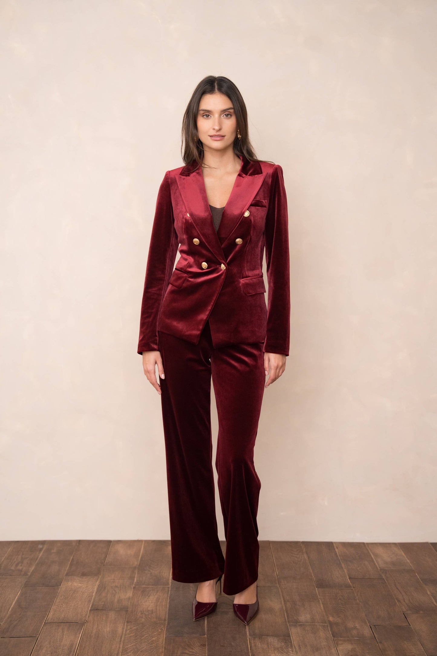 Double-breasted velvet blazer with gold buttons - KHAKI
