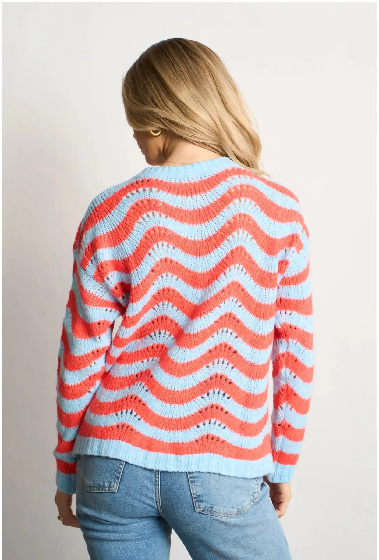 Wave Stripe Scalloped Italian Wool Blend Jumper in Blue/Coral The Style Closet