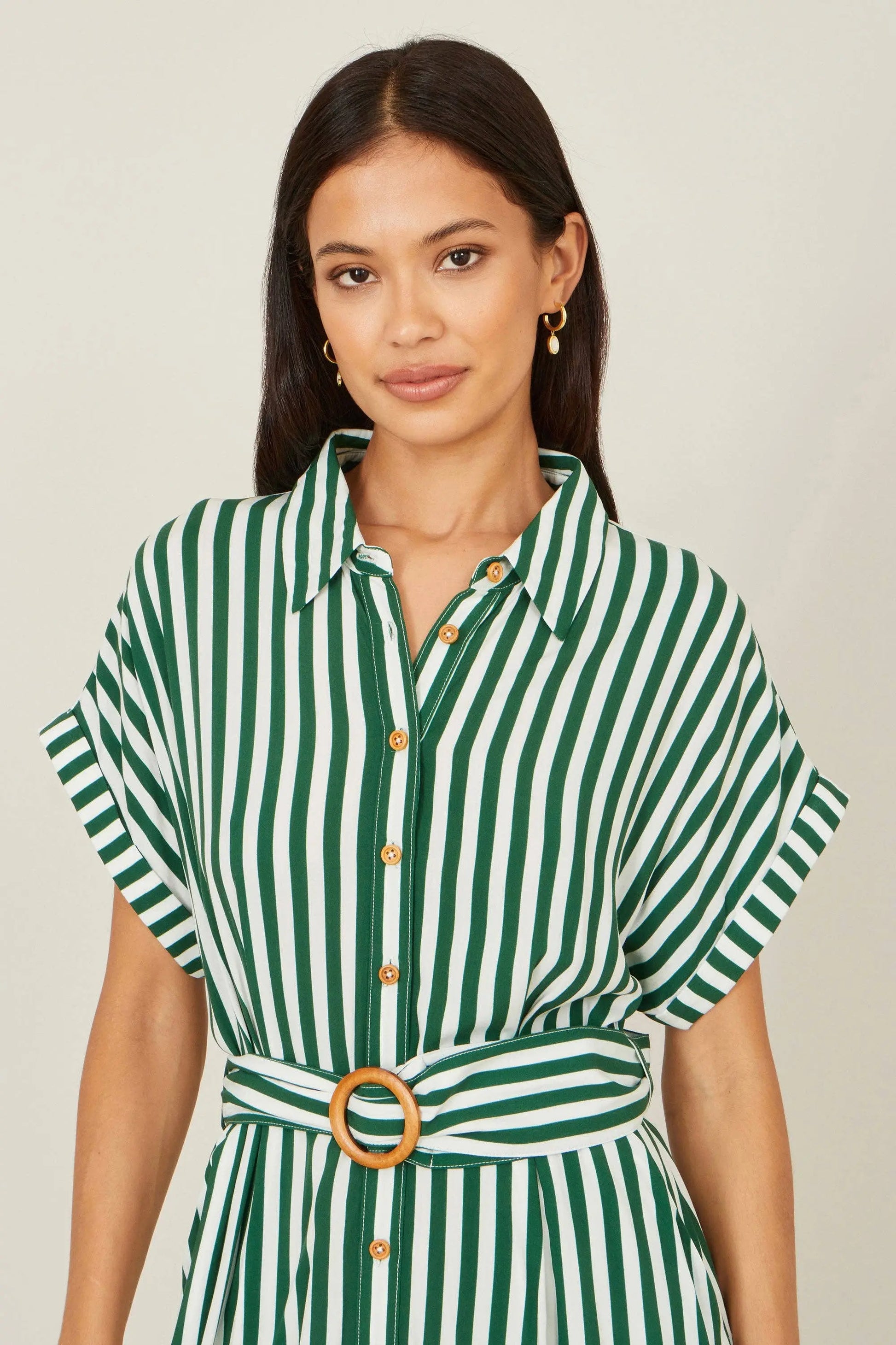 Yumi Green Stripe Print Relaxed Midi Shirt Dress With Belt: Green / 12 Yumi