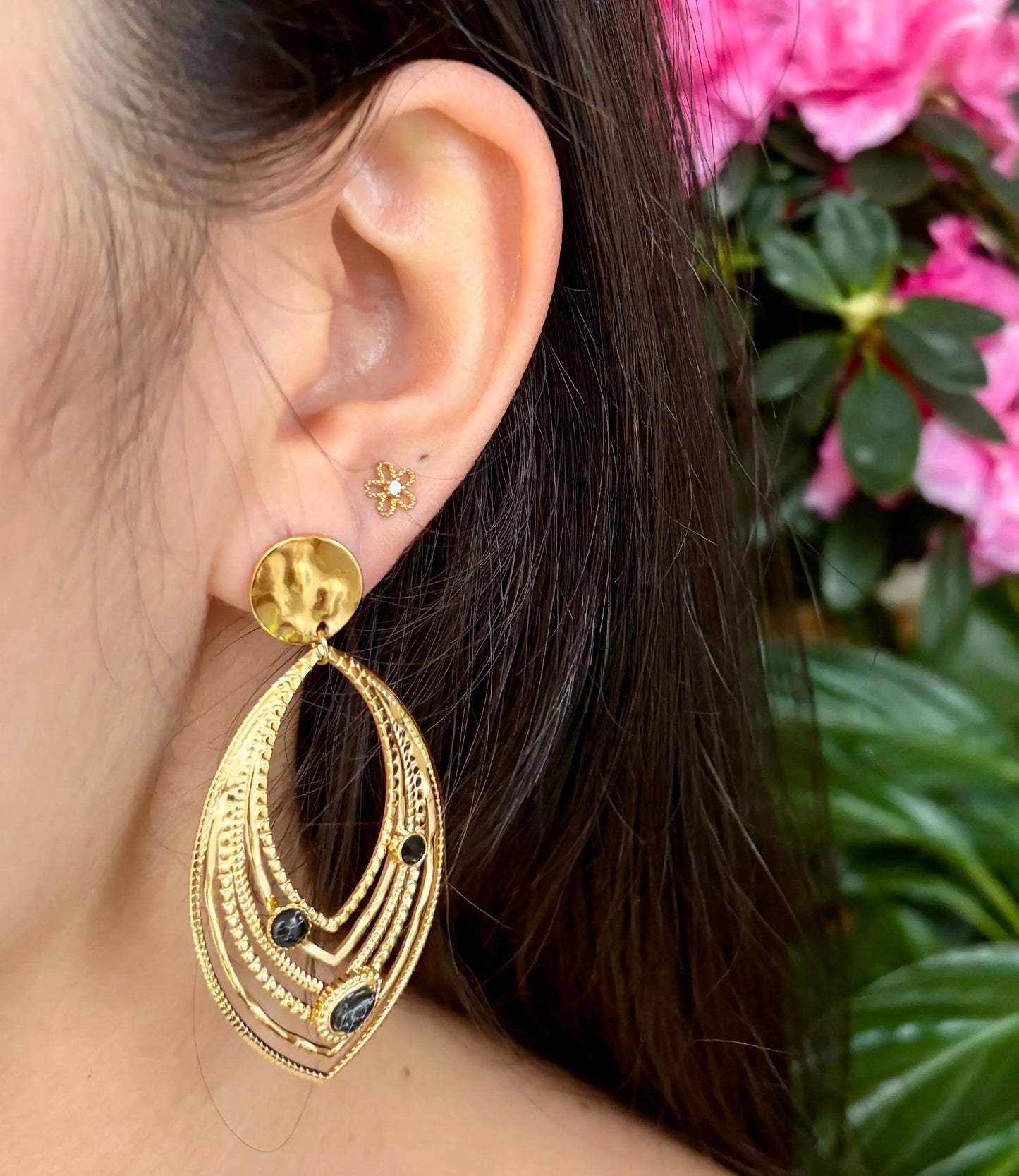 18ct Gold Plated Black Turquoise Leaf Earrings   The Style Closet
