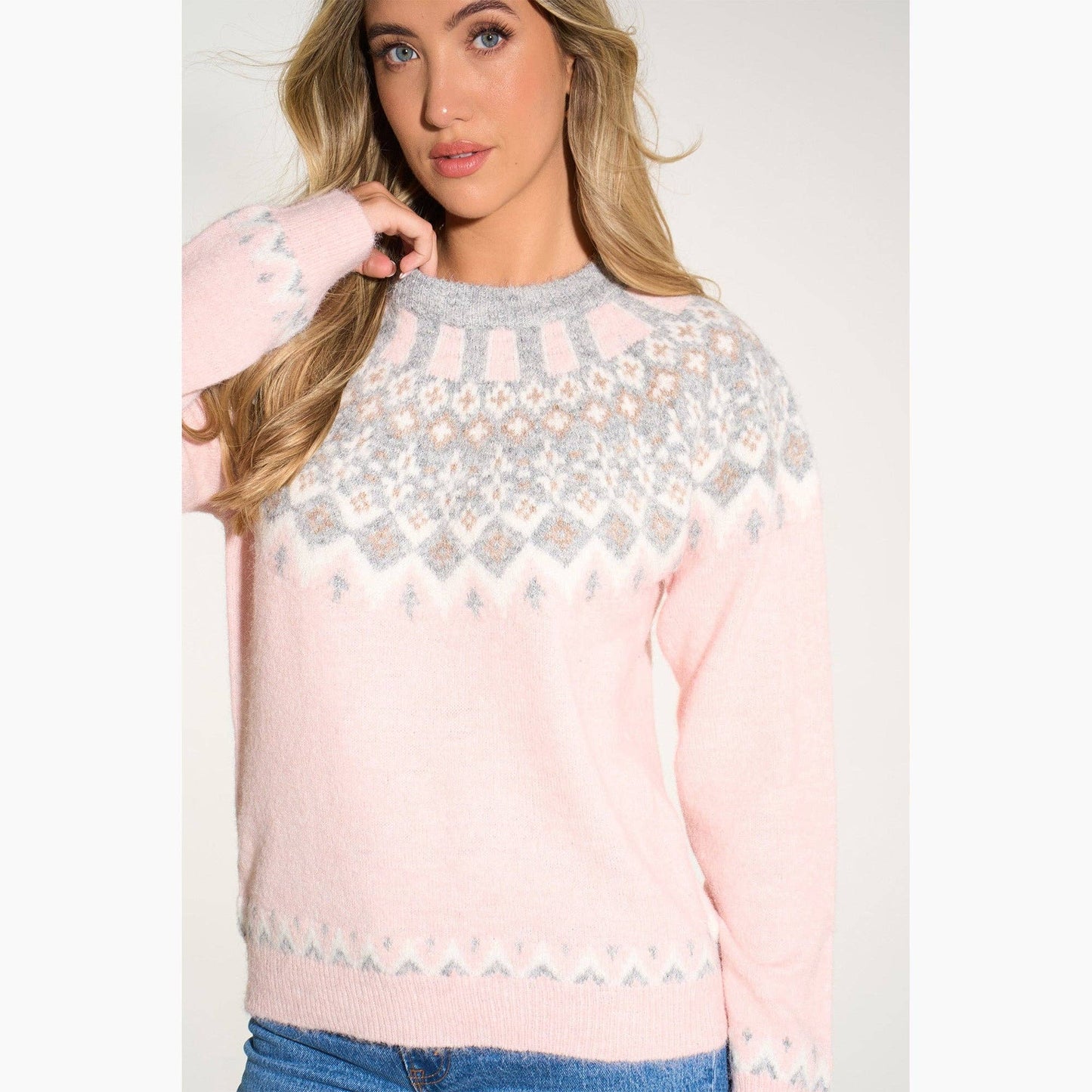 Nordic Style Jumper in Pink/Grey: One Size