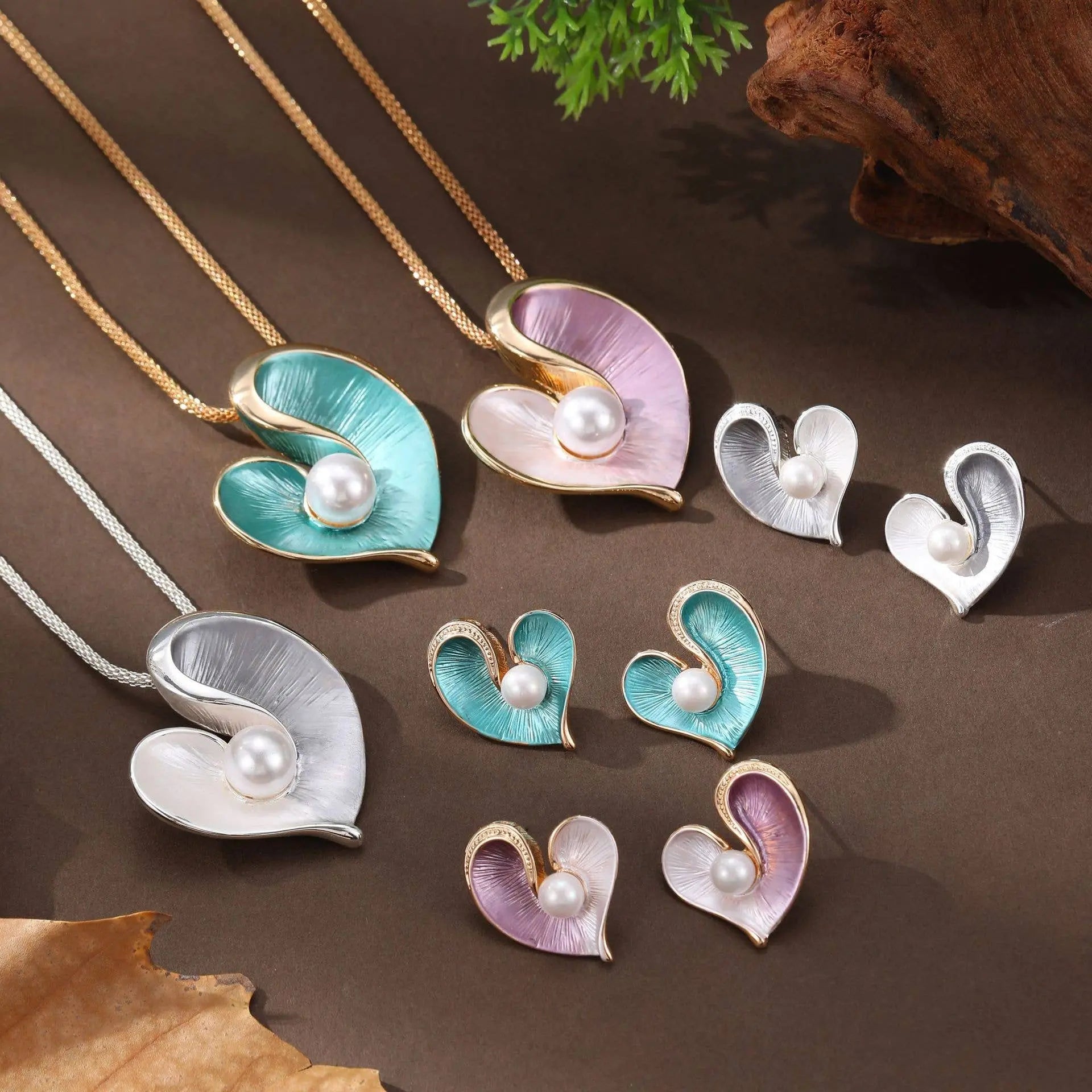Pearlie Heart Necklace and Earrings Set Blue or Pink The Style Closet