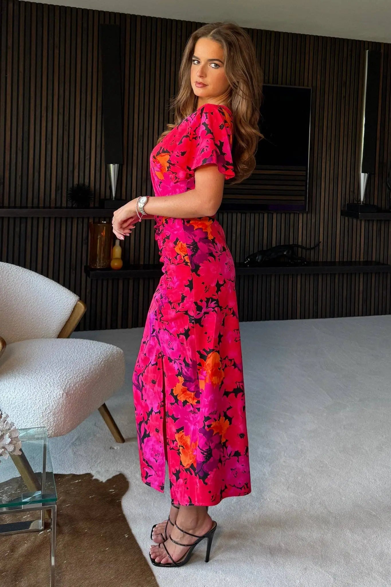 Priscilla Wrap Over Ruched Detail Midi Dress Pink Floral: Pink / Pack: 132201 Size 8-18 Girl in mind