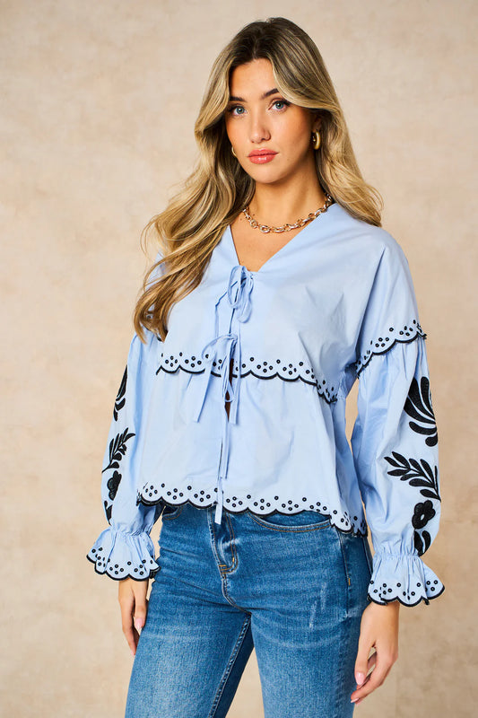 Embroidered Floral Front Tie Cotton Shirt in Denim Blue